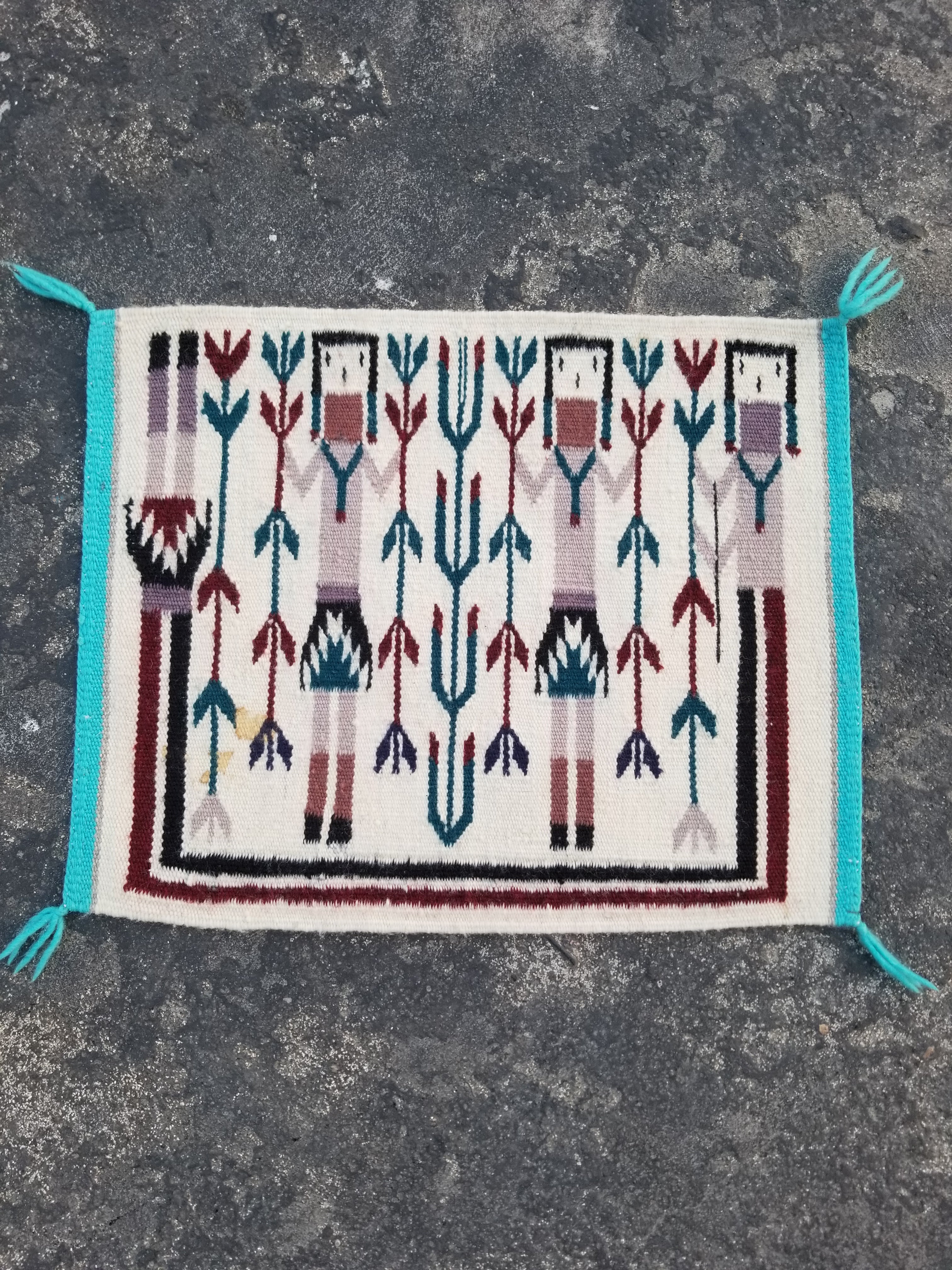 Vintage Traditional Handmade Native American Navajo Yei Wool Rug 47x38cm