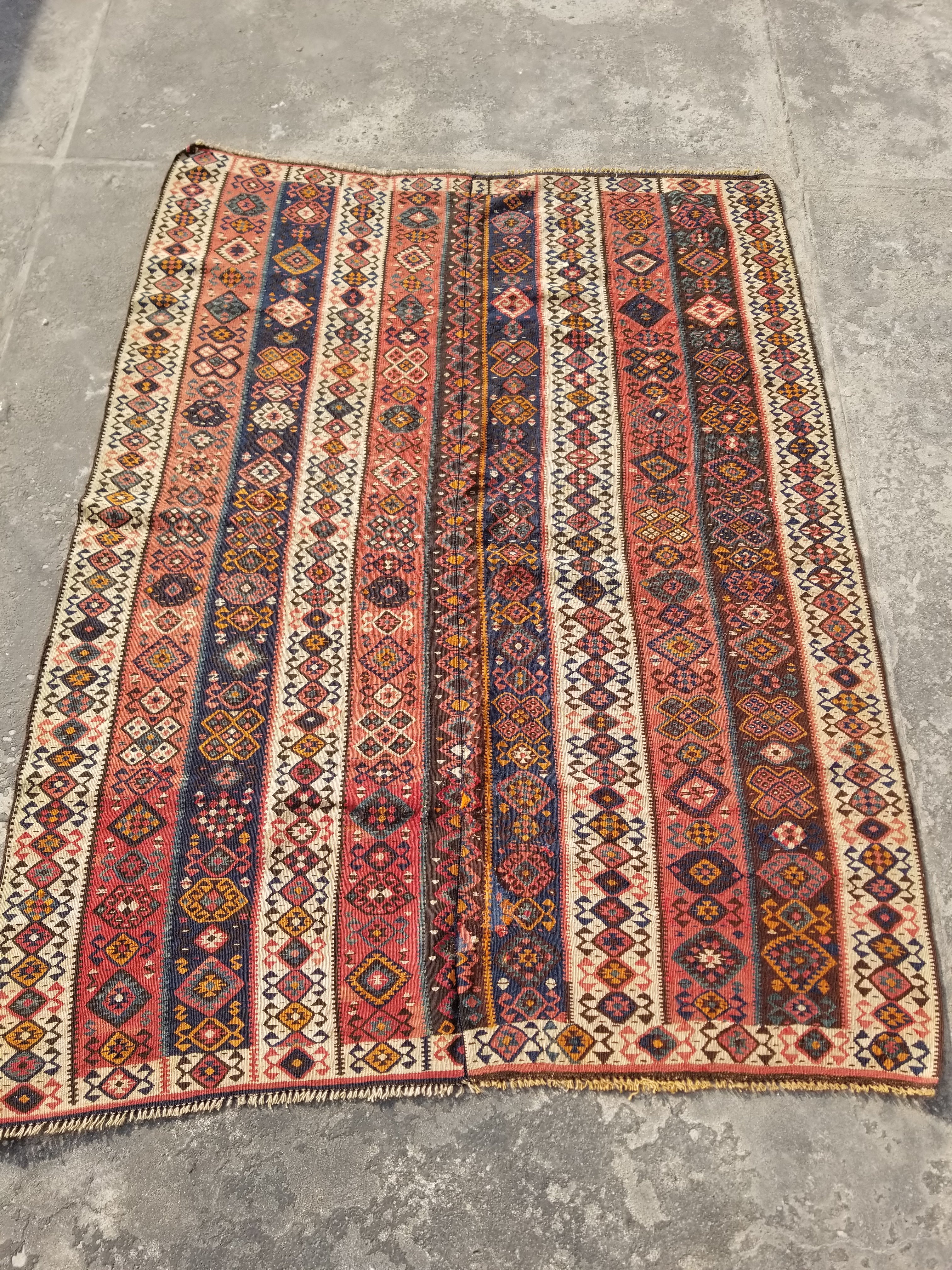 Antique Traditional Handmade Turkish Anatolian Wool Multicolor Kilim 223x166cm