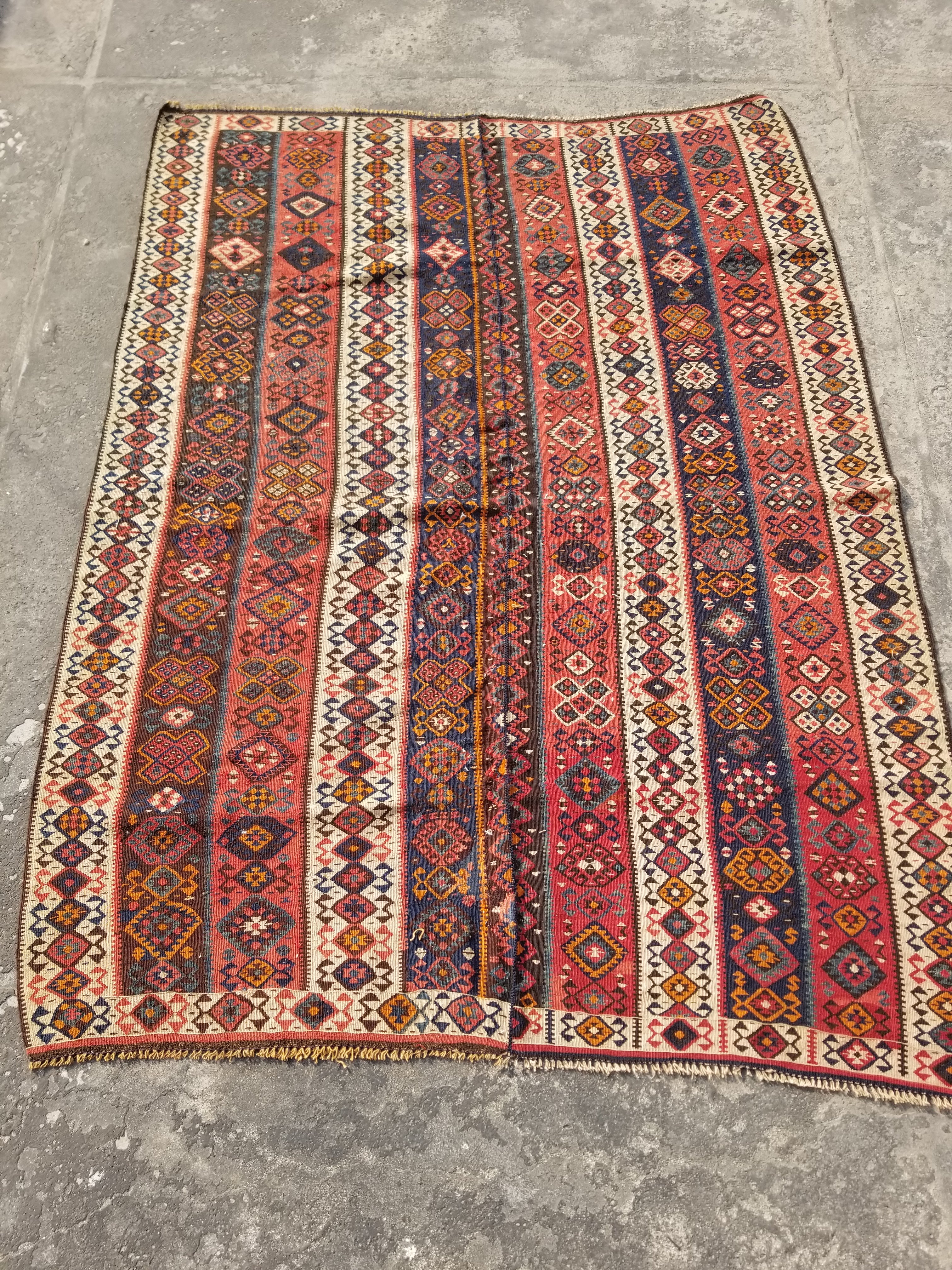 Antique Traditional Handmade Turkish Anatolian Wool Multicolor Kilim 223x166cm