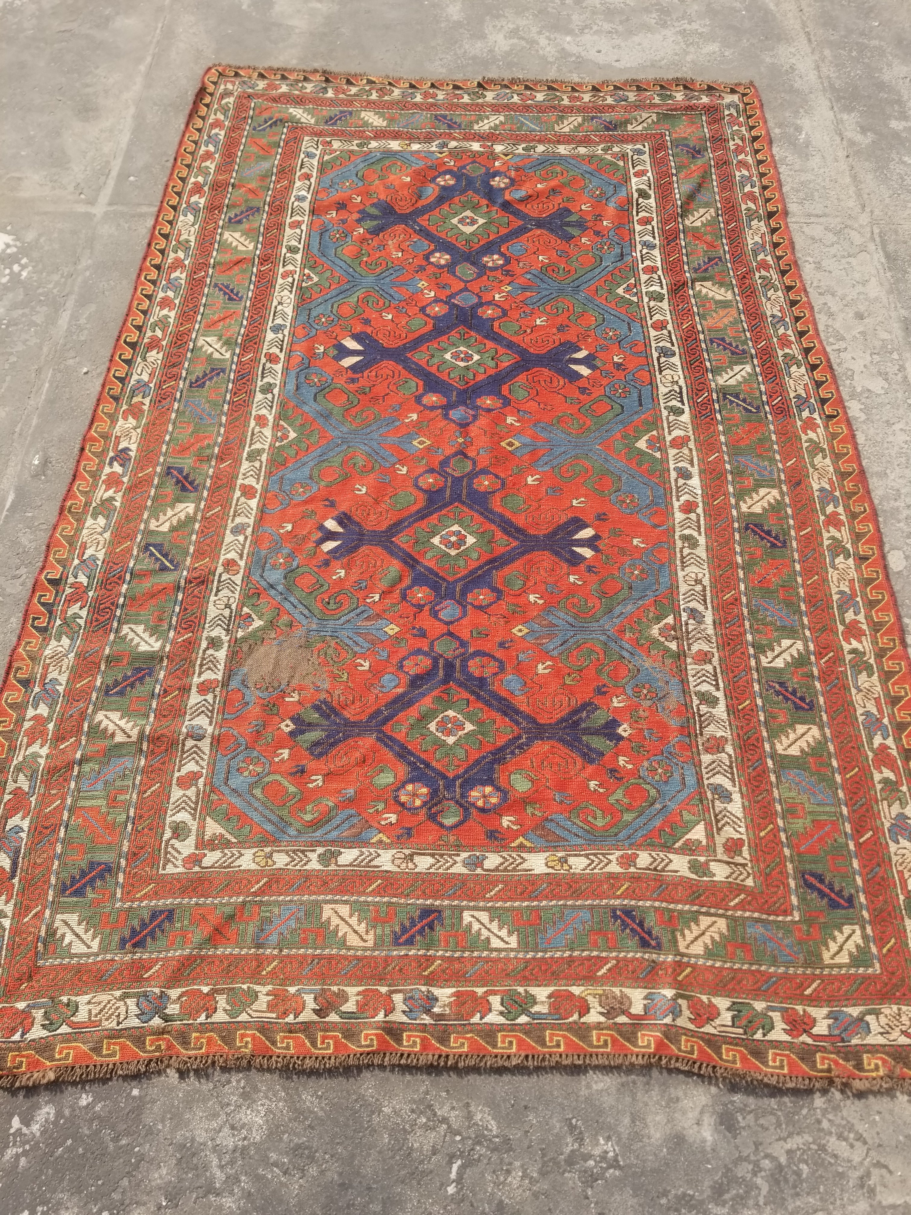 Antique Traditional Handmade Caucasian Kazak Wool Multicolor Kilim 259x170cm