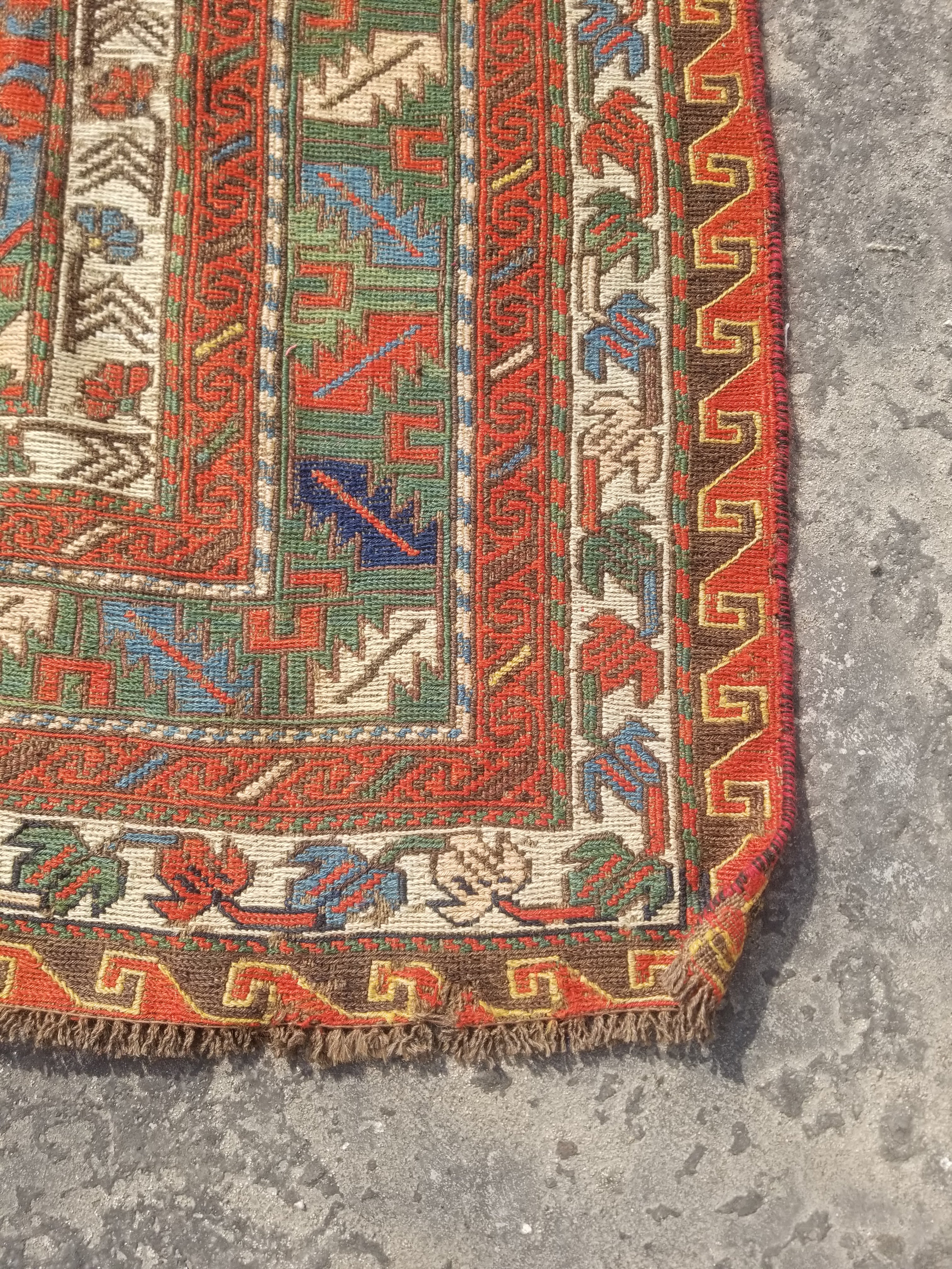 Antique Traditional Handmade Caucasian Kazak Wool Multicolor Kilim 259x170cm