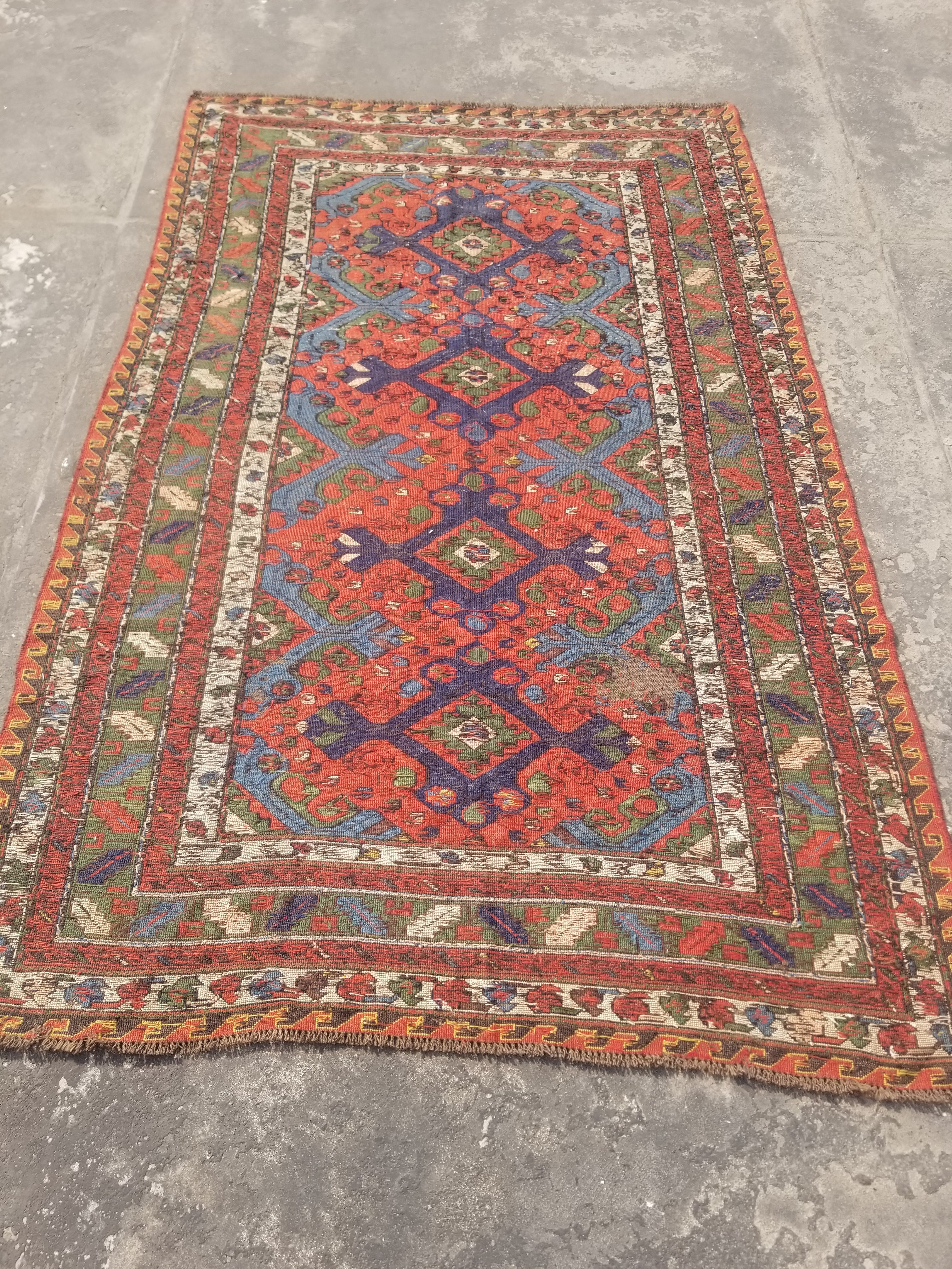 Antique Traditional Handmade Caucasian Kazak Wool Multicolor Kilim 259x170cm