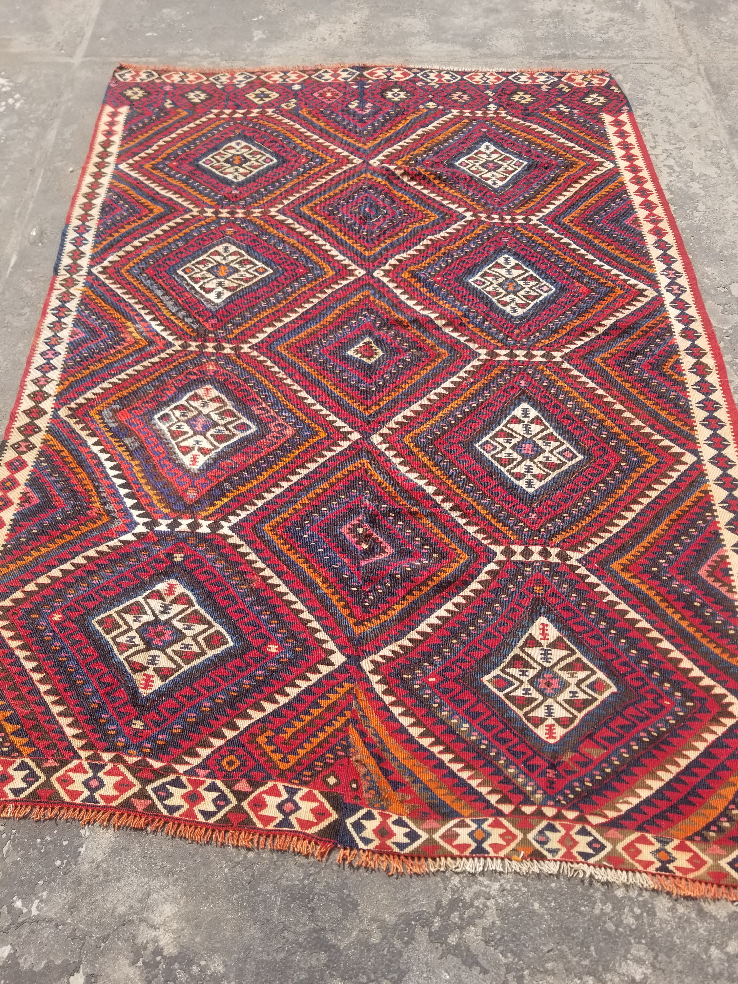 Antique Traditional Handmade Turkish Anatolian Wool Multicolor Kilim 216x160cm