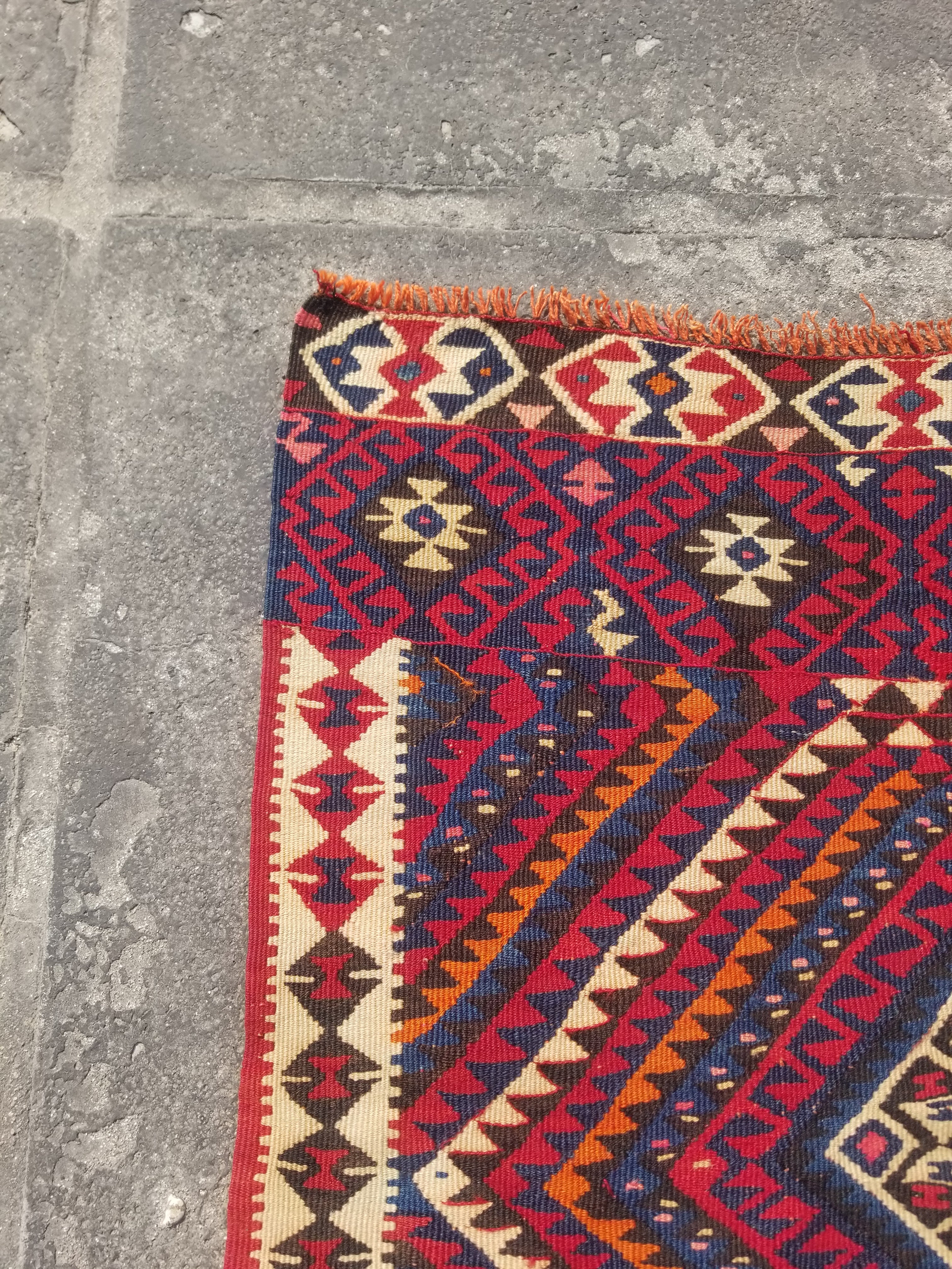 Antique Traditional Handmade Turkish Anatolian Wool Multicolor Kilim 216x160cm