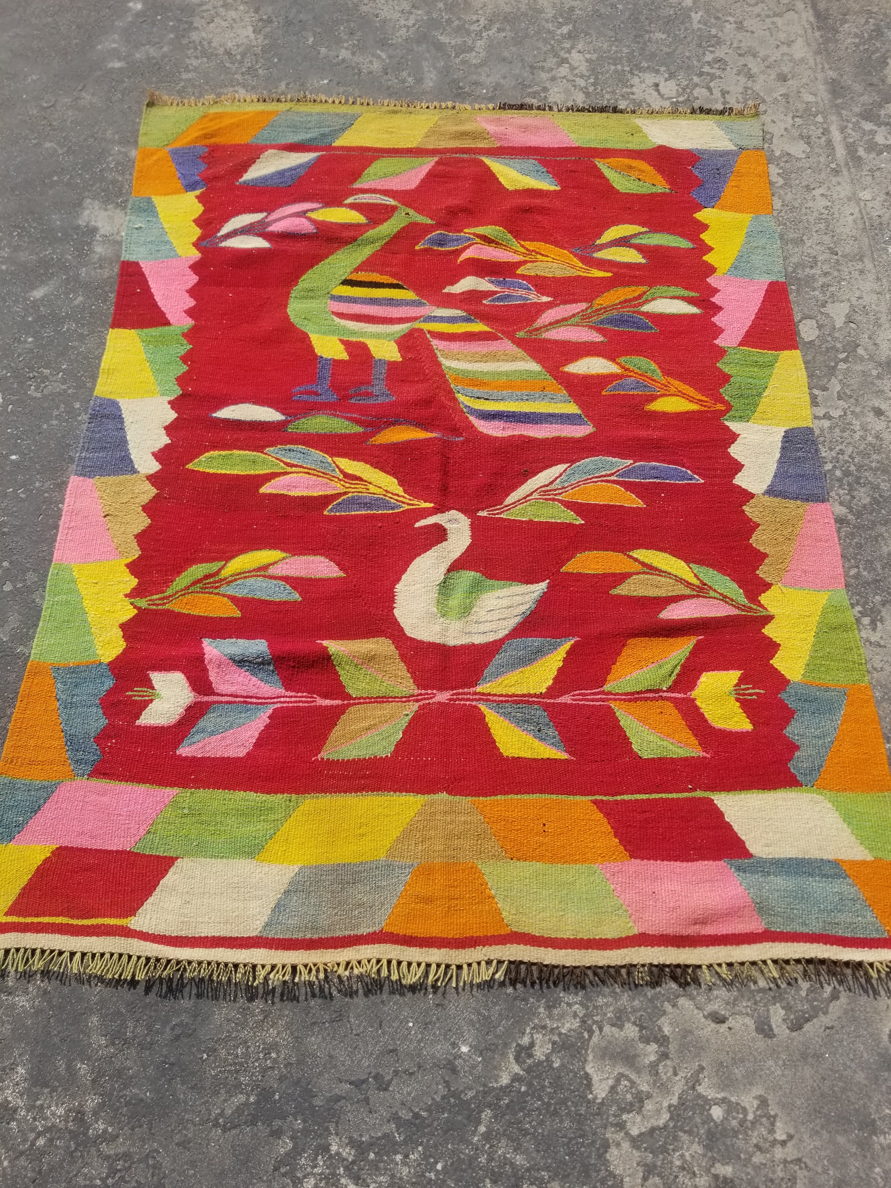 Vintage Traditional Handmade Mexican Zapotec Wool Multicolor Kilim 165x125cm