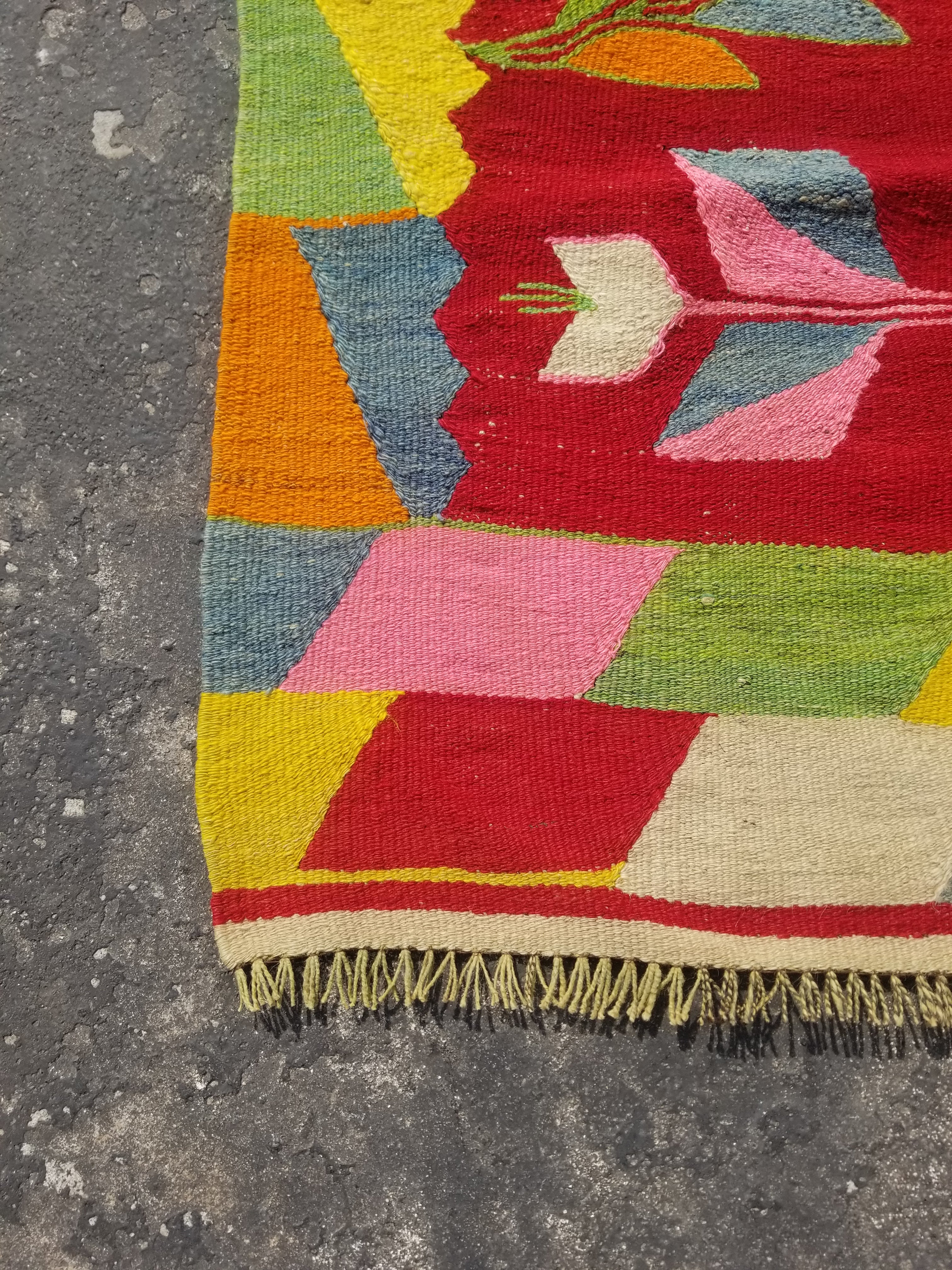 Vintage Traditional Handmade Mexican Zapotec Wool Multicolor Kilim 165x125cm