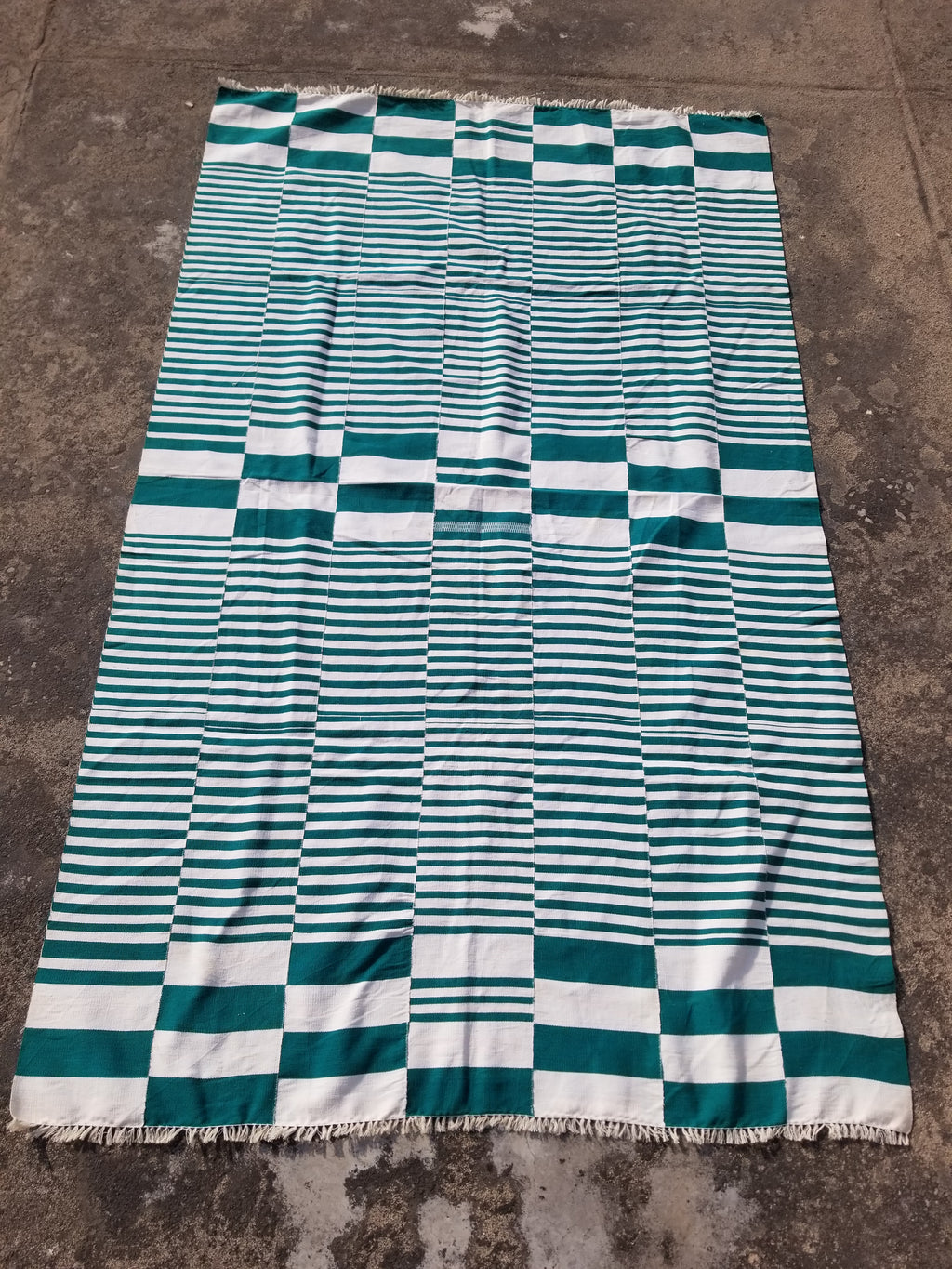 Vintage Traditional Handmade Striped Oriental Wool Green & White Kilim 222x132cm
