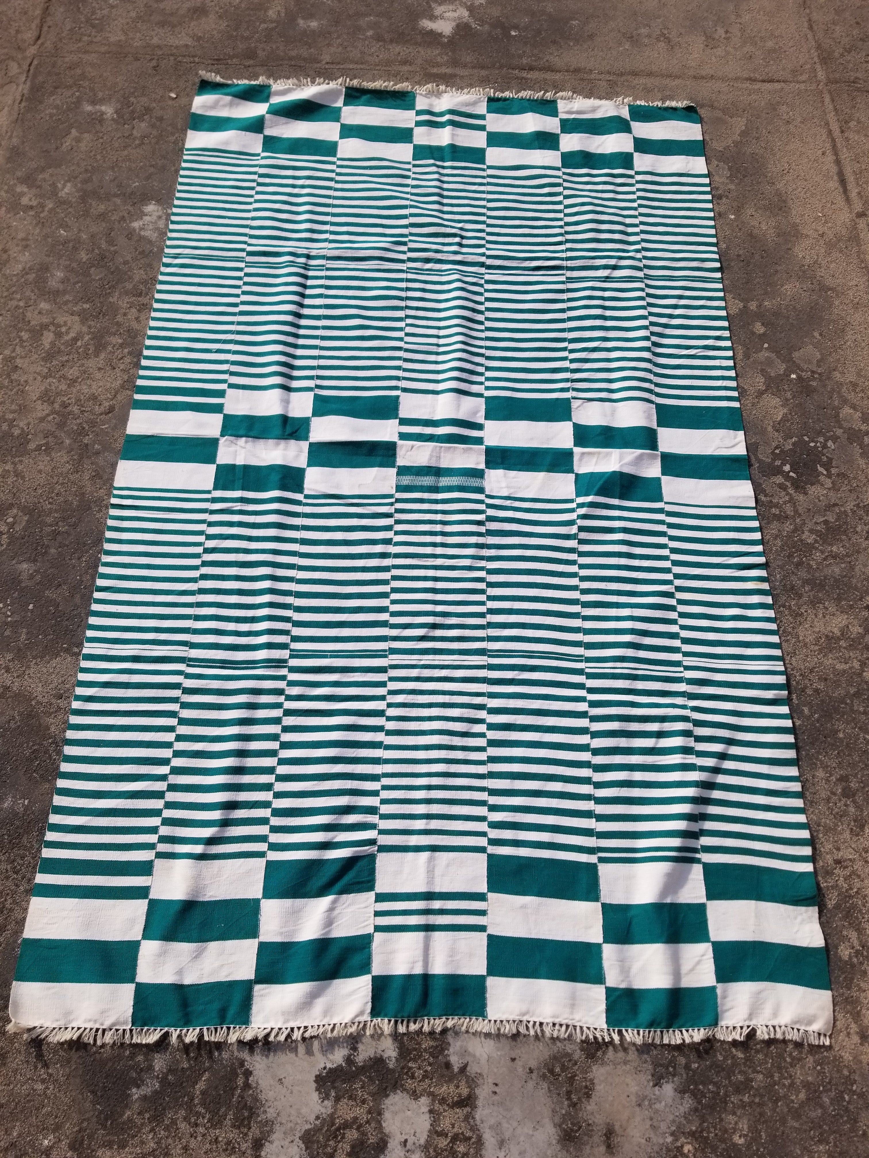 Vintage Traditional Handmade Striped Oriental Wool Green & White Kilim 222x132cm