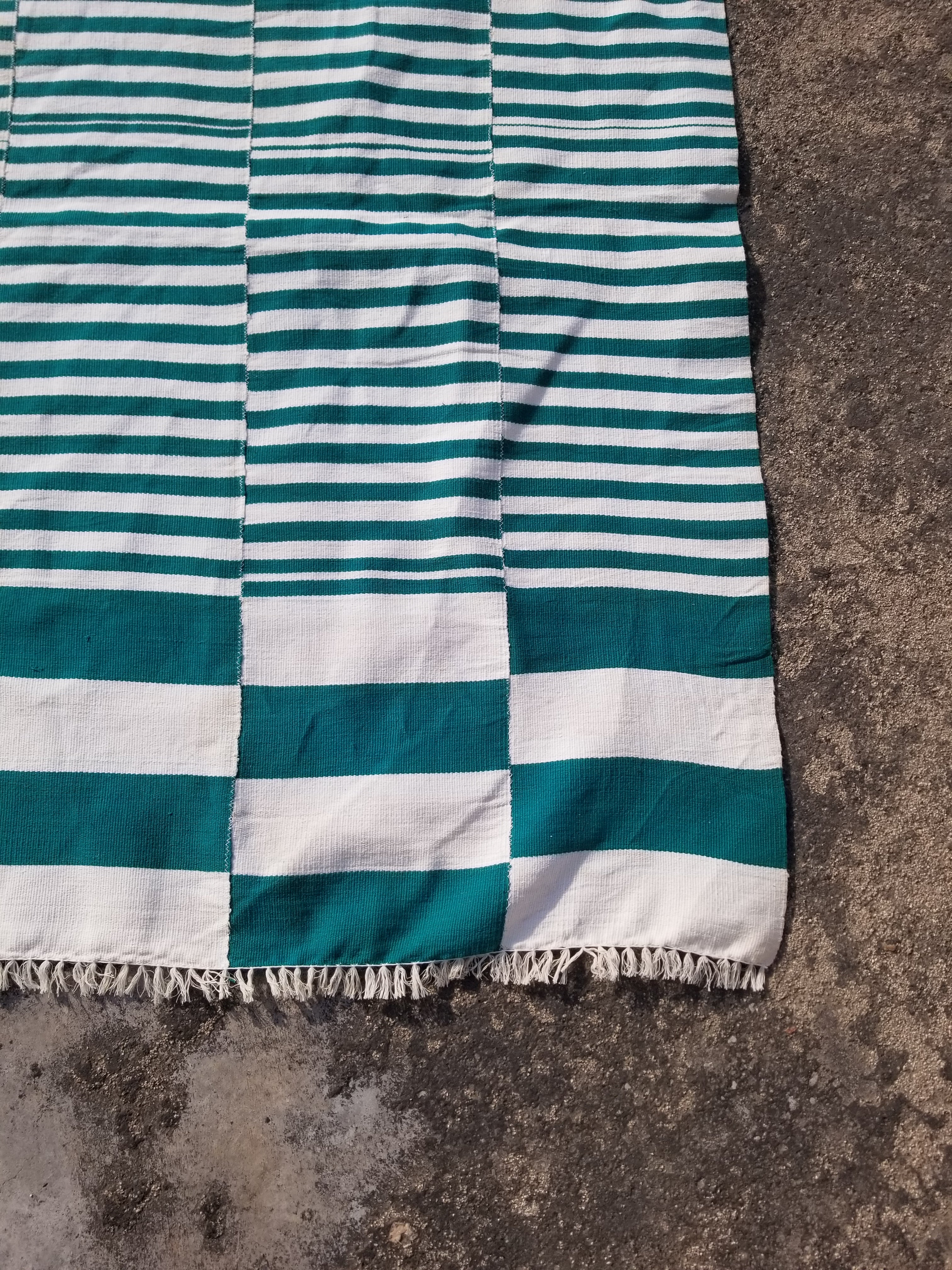 Vintage Traditional Handmade Striped Oriental Wool Green & White Kilim 222x132cm