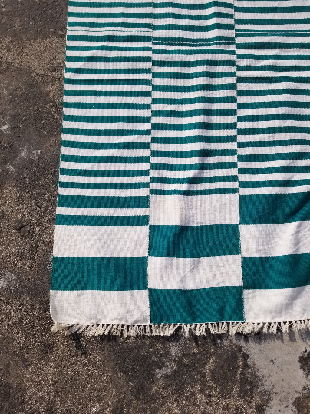 Vintage Traditional Handmade Striped Oriental Wool Green & White Kilim 222x132cm