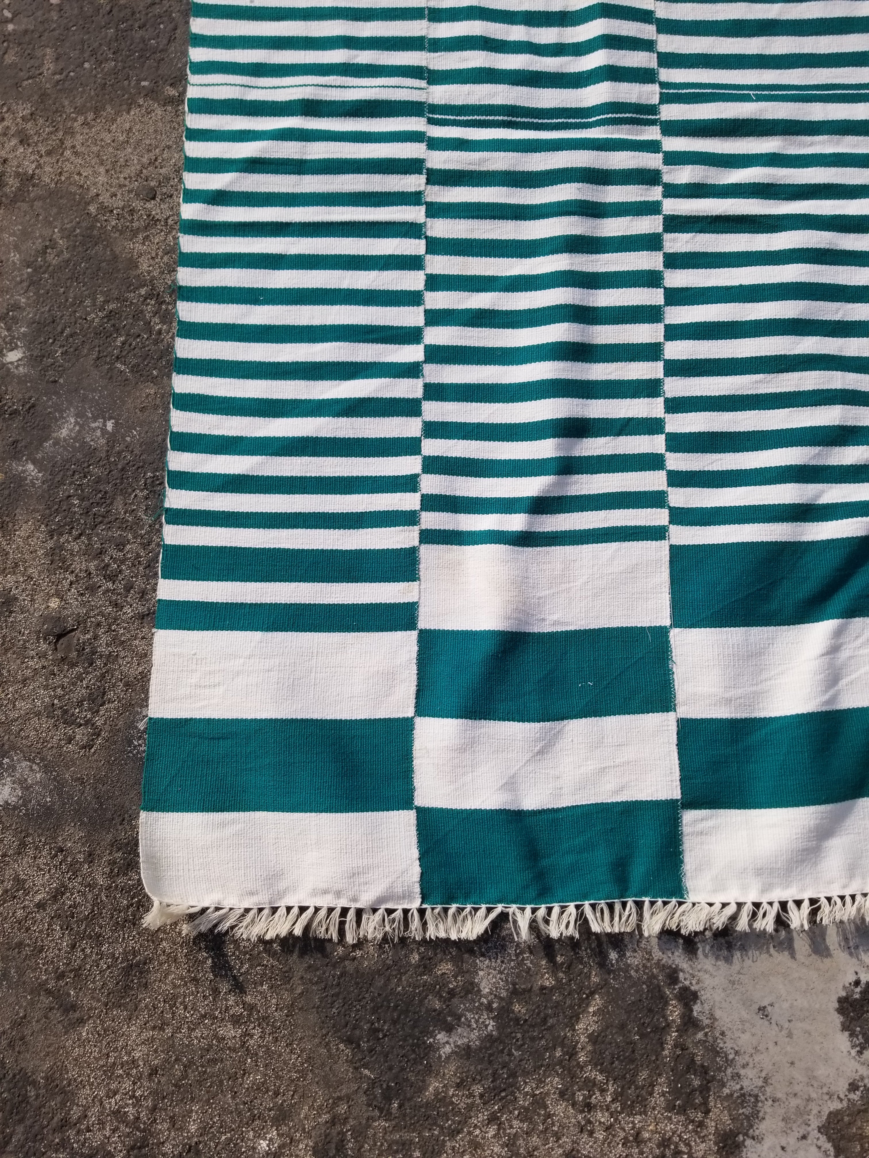 Vintage Traditional Handmade Striped Oriental Wool Green & White Kilim 222x132cm