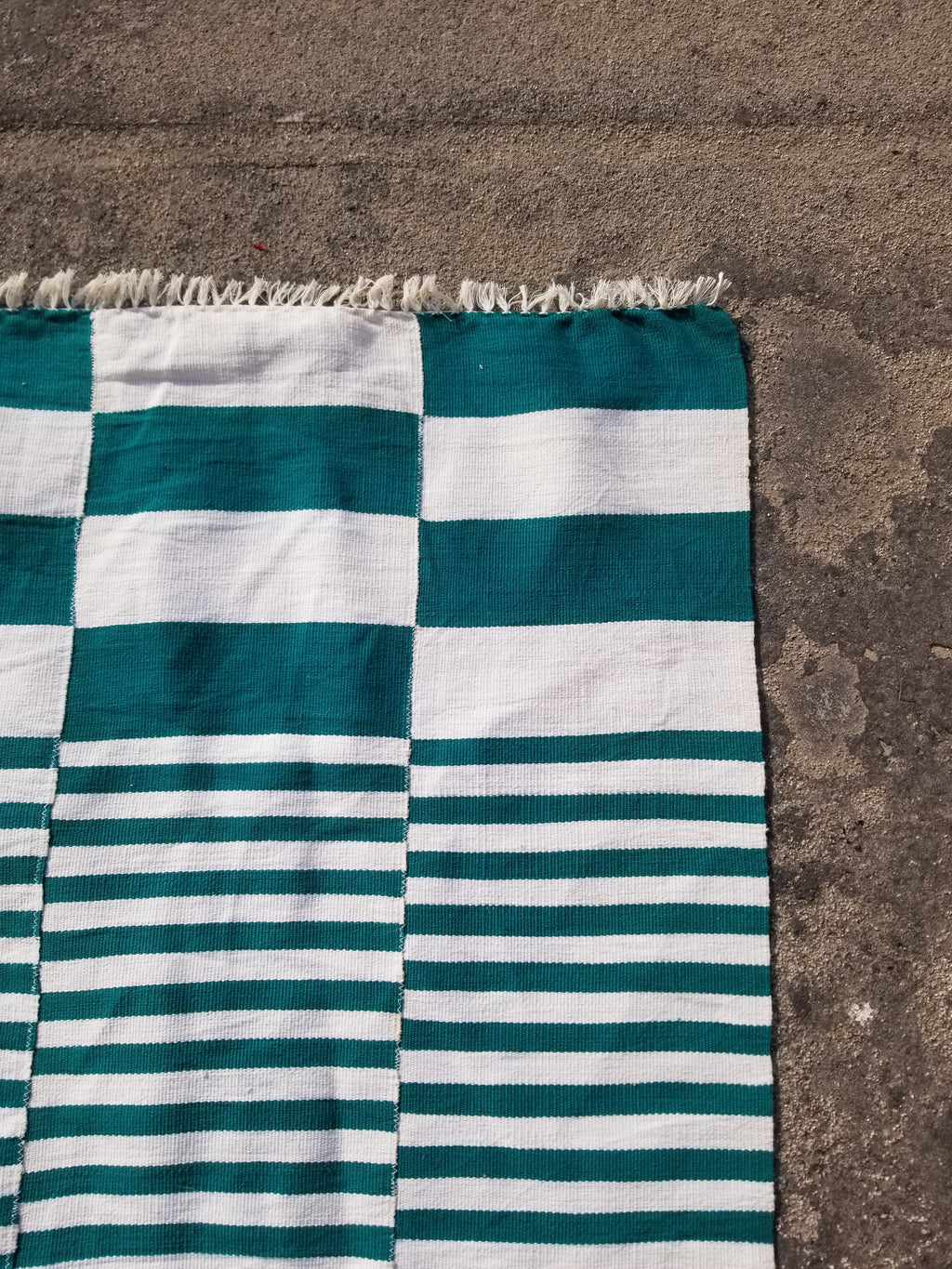 Vintage Traditional Handmade Striped Oriental Wool Green & White Kilim 222x132cm