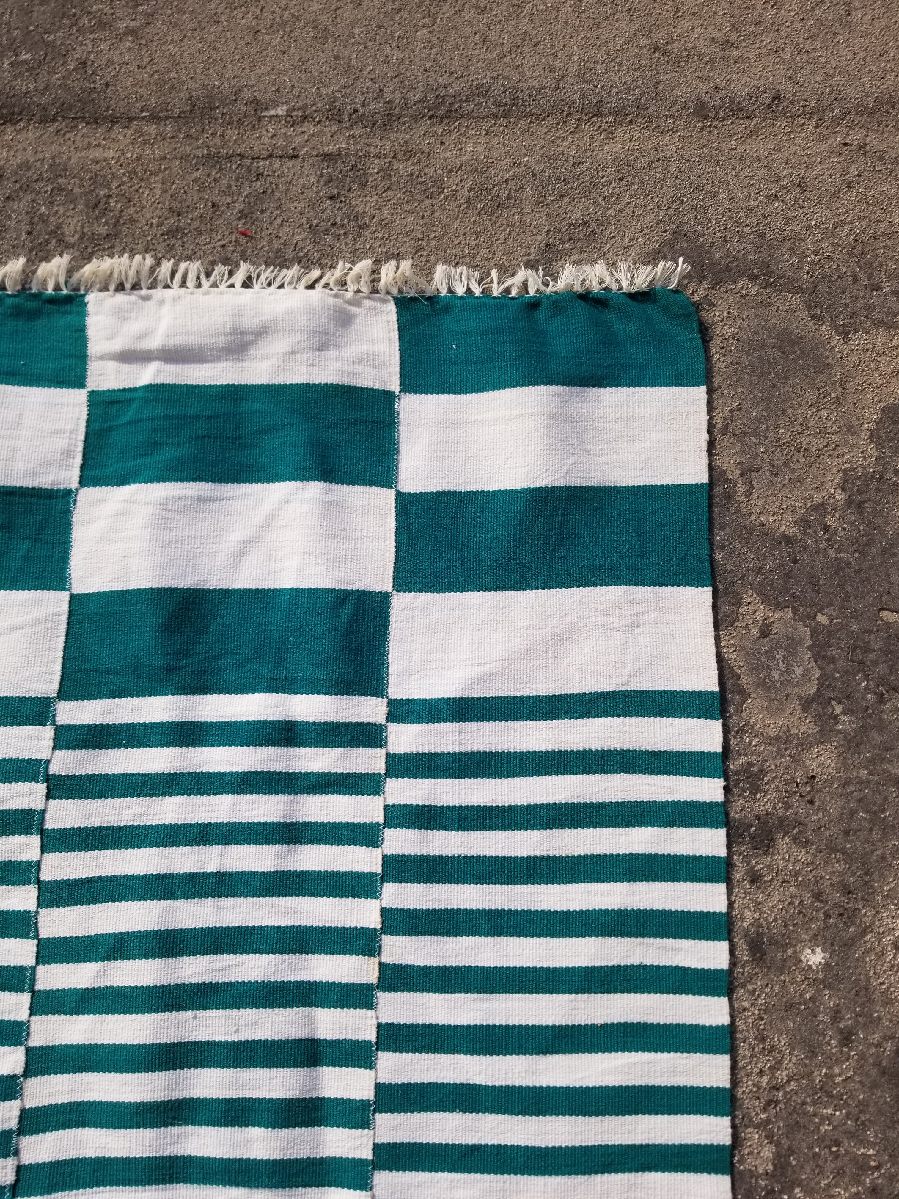 Vintage Traditional Handmade Striped Oriental Wool Green & White Kilim 222x132cm