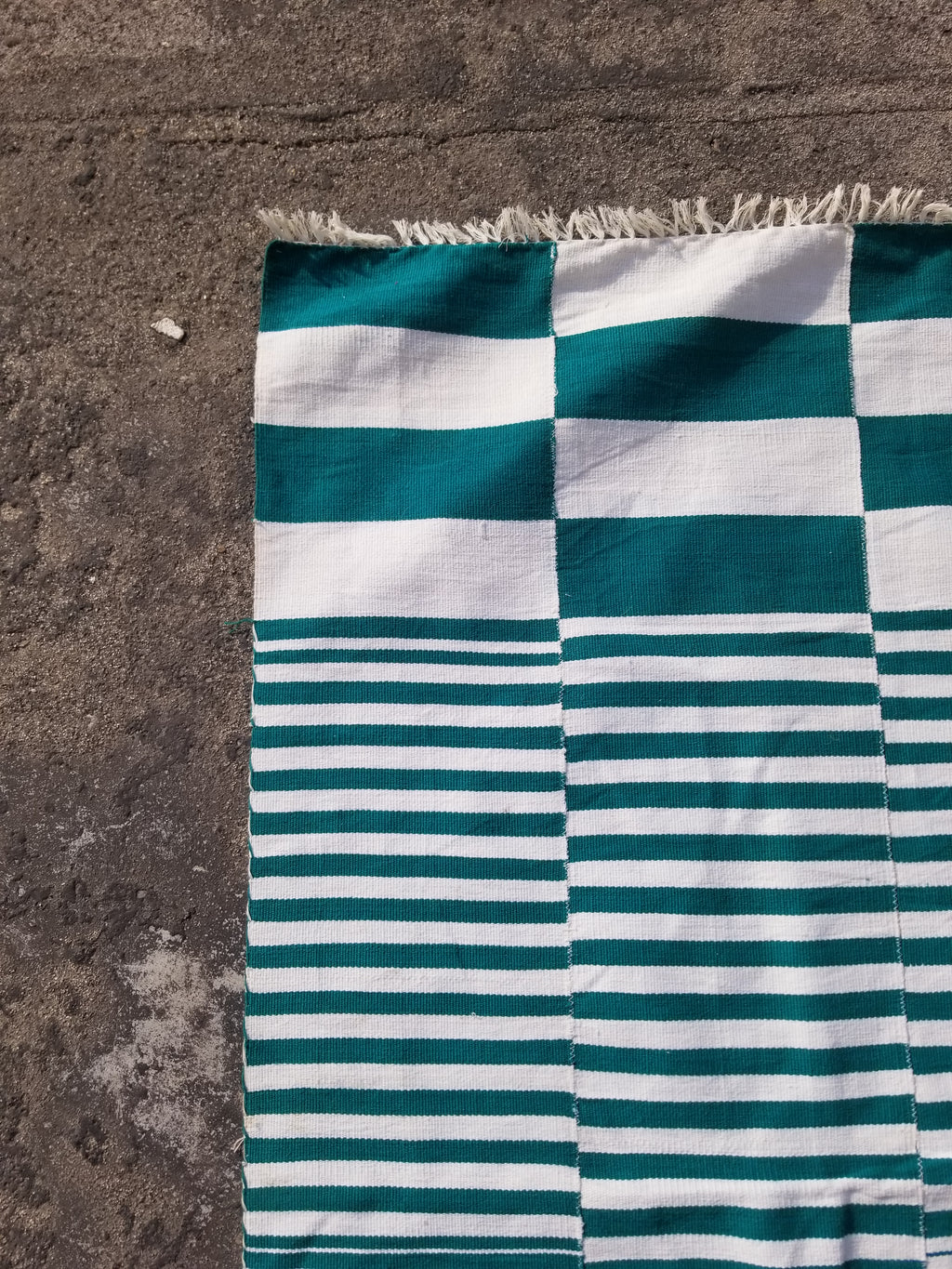 Vintage Traditional Handmade Striped Oriental Wool Green & White Kilim 222x132cm