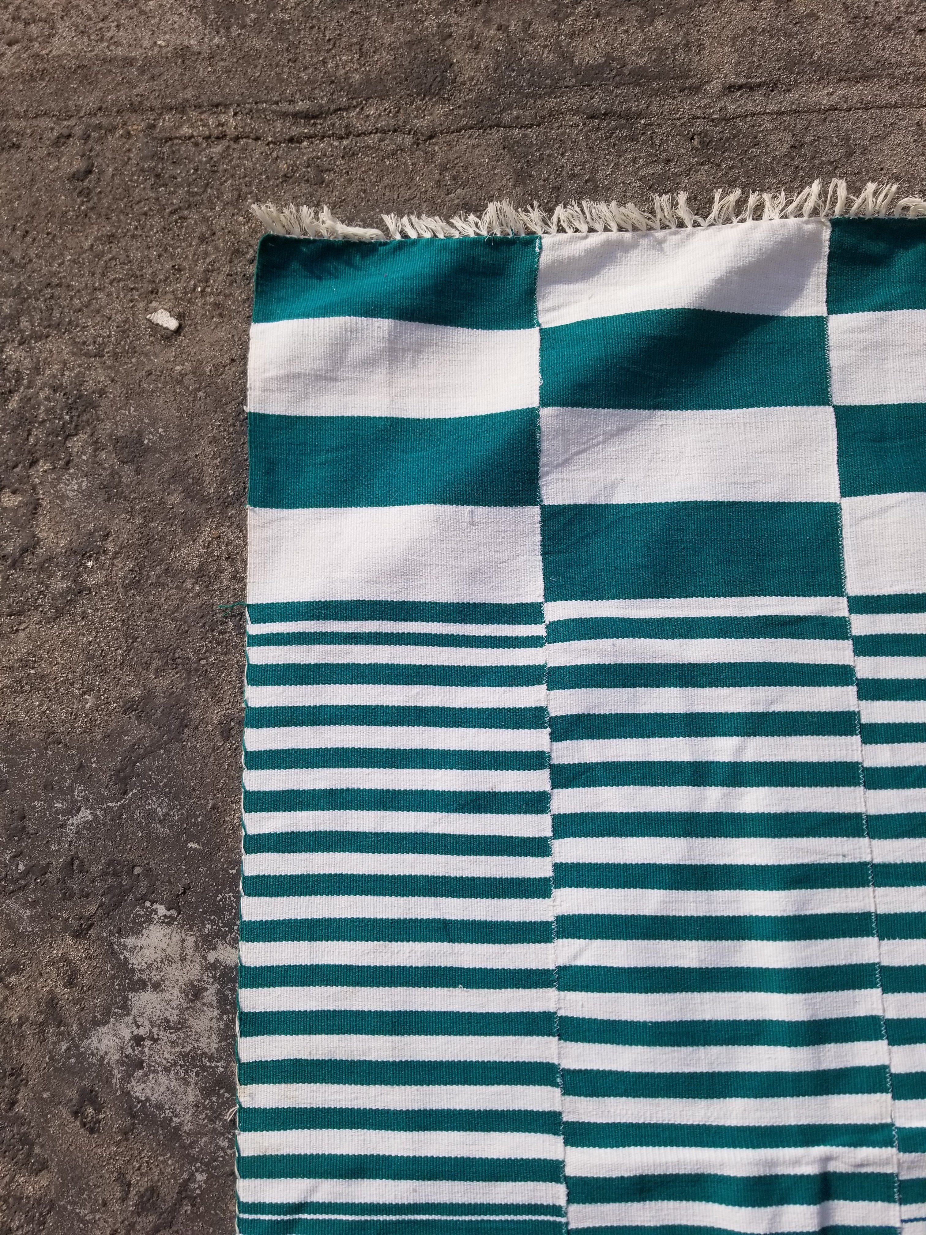 Vintage Traditional Handmade Striped Oriental Wool Green & White Kilim 222x132cm