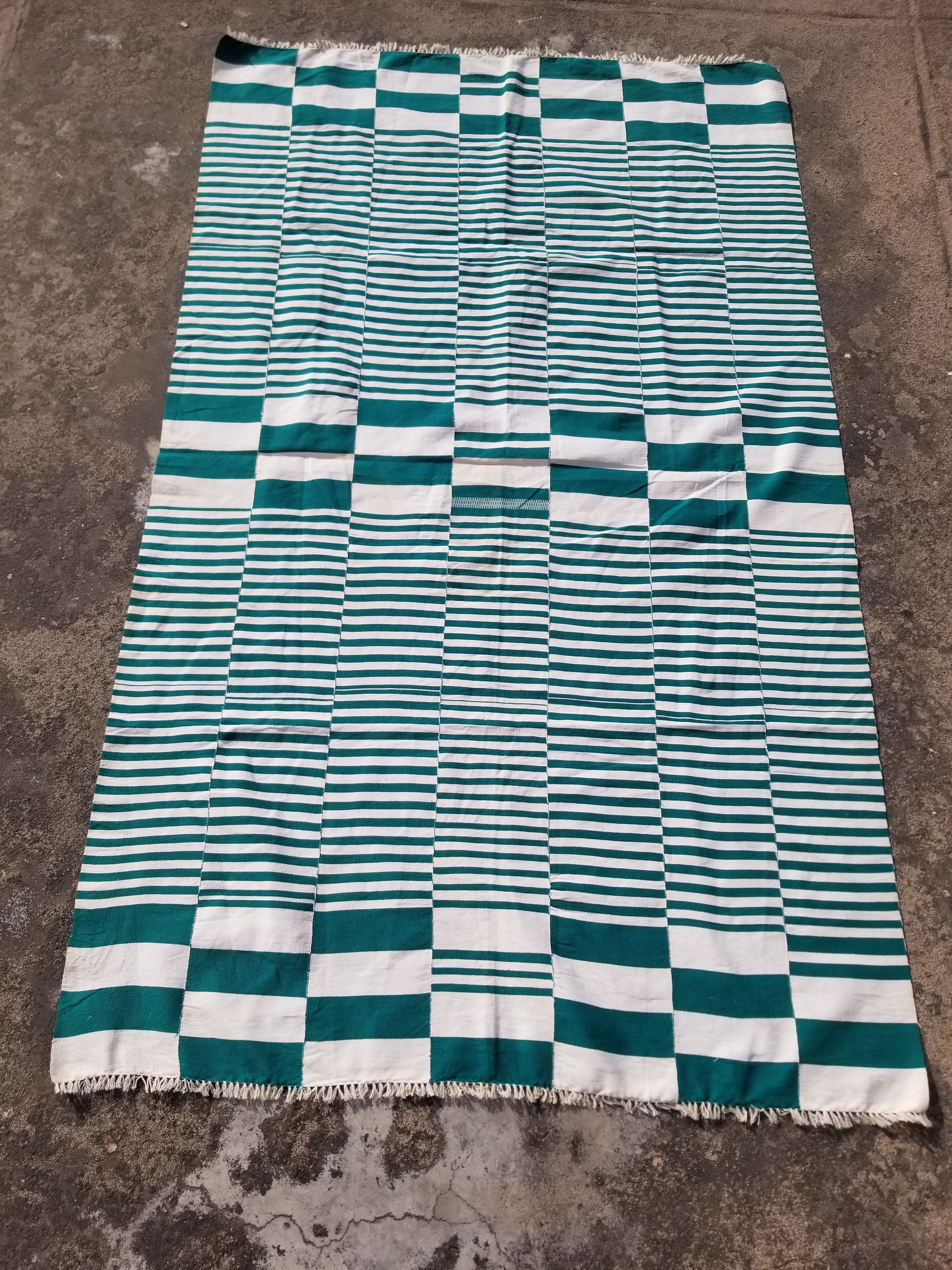 Vintage Traditional Handmade Striped Oriental Wool Green & White Kilim 222x132cm