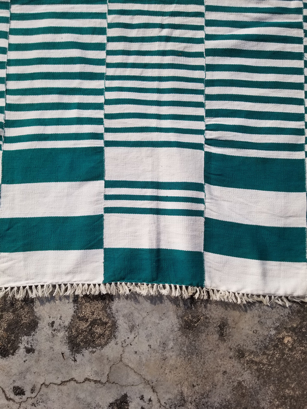 Vintage Traditional Handmade Striped Oriental Wool Green & White Kilim 222x132cm