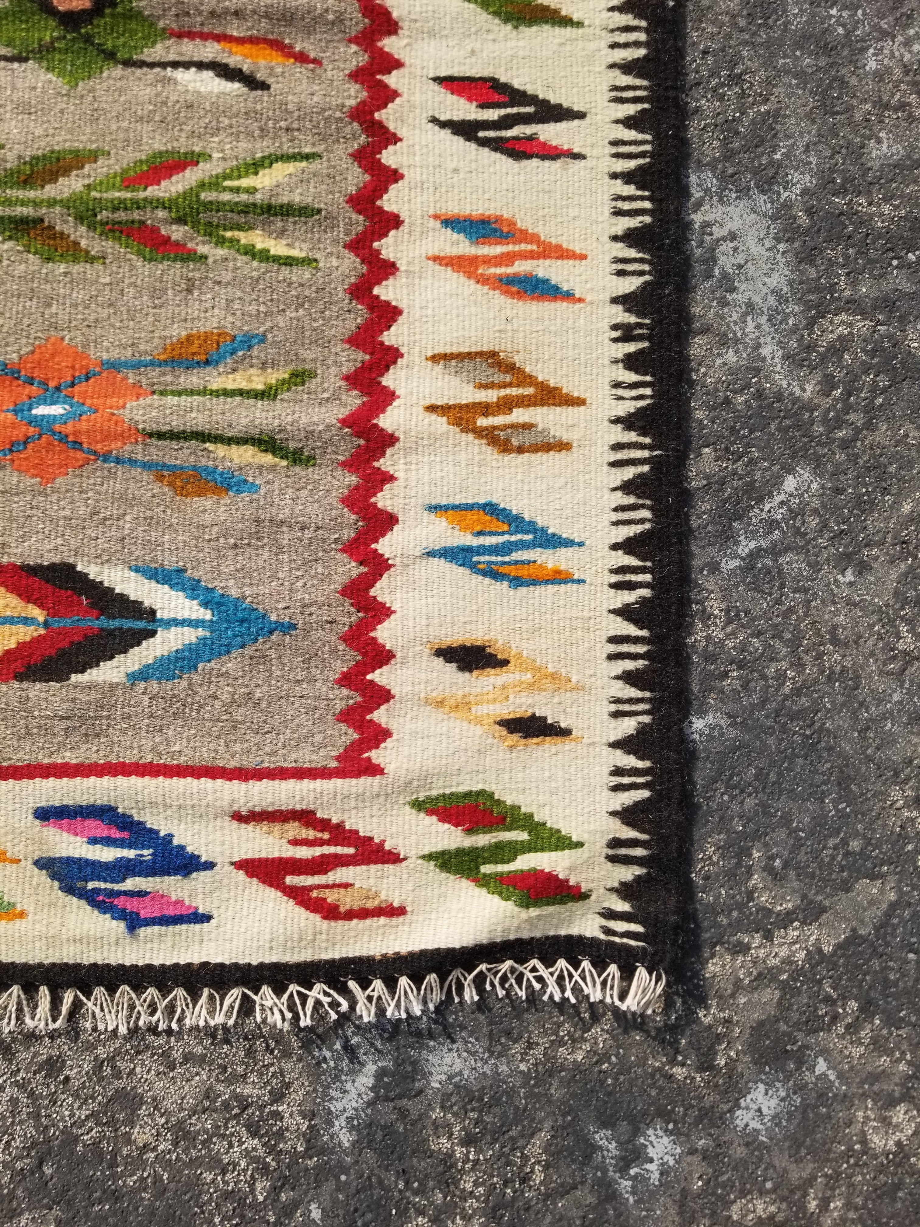 Vintage Traditional Handmade Mexican Zapotec Style Wool Multicolor Kilim 147x63c
