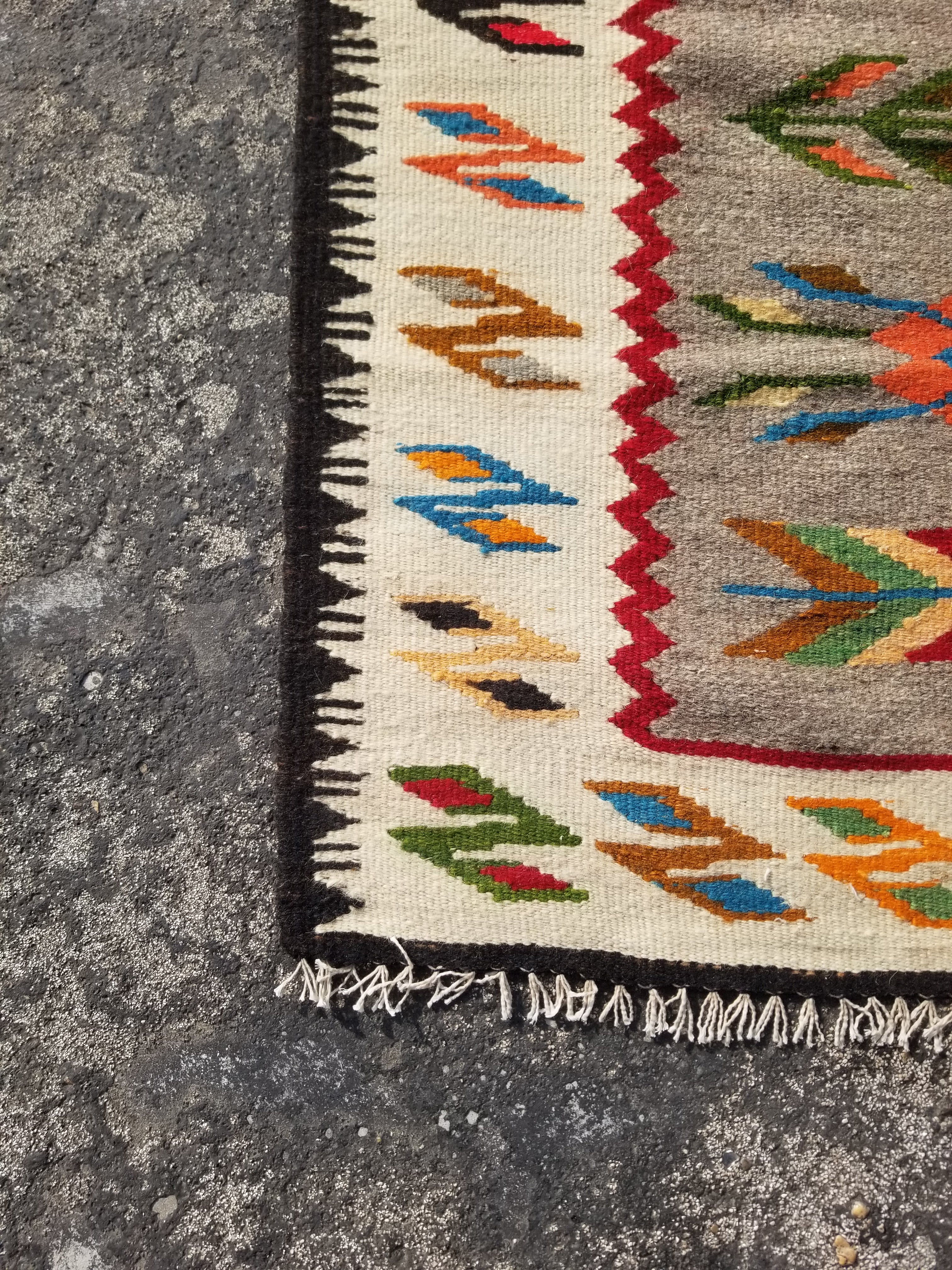 Vintage Traditional Handmade Mexican Zapotec Style Wool Multicolor Kilim 147x63c