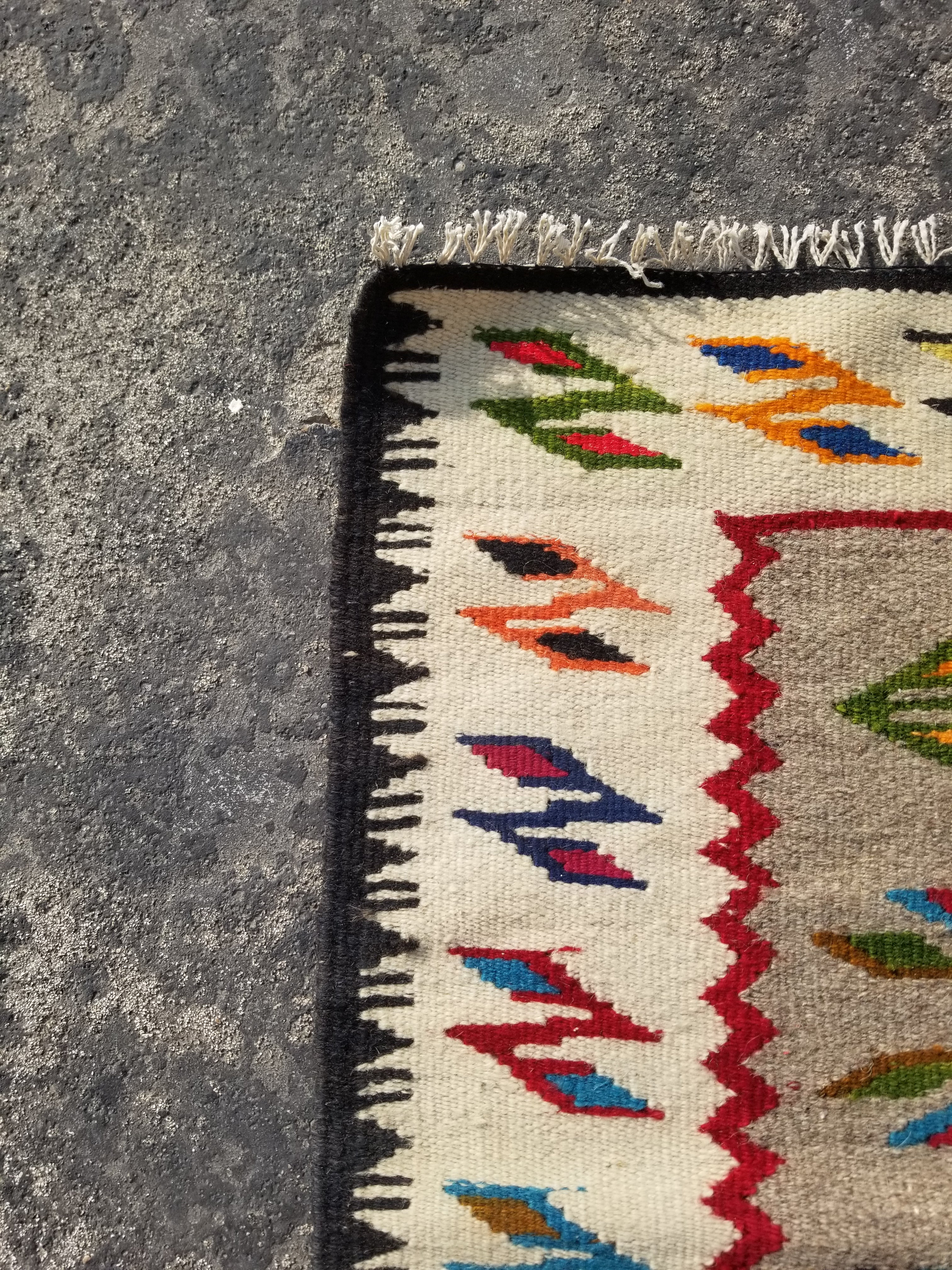 Vintage Traditional Handmade Mexican Zapotec Style Wool Multicolor Kilim 147x63c