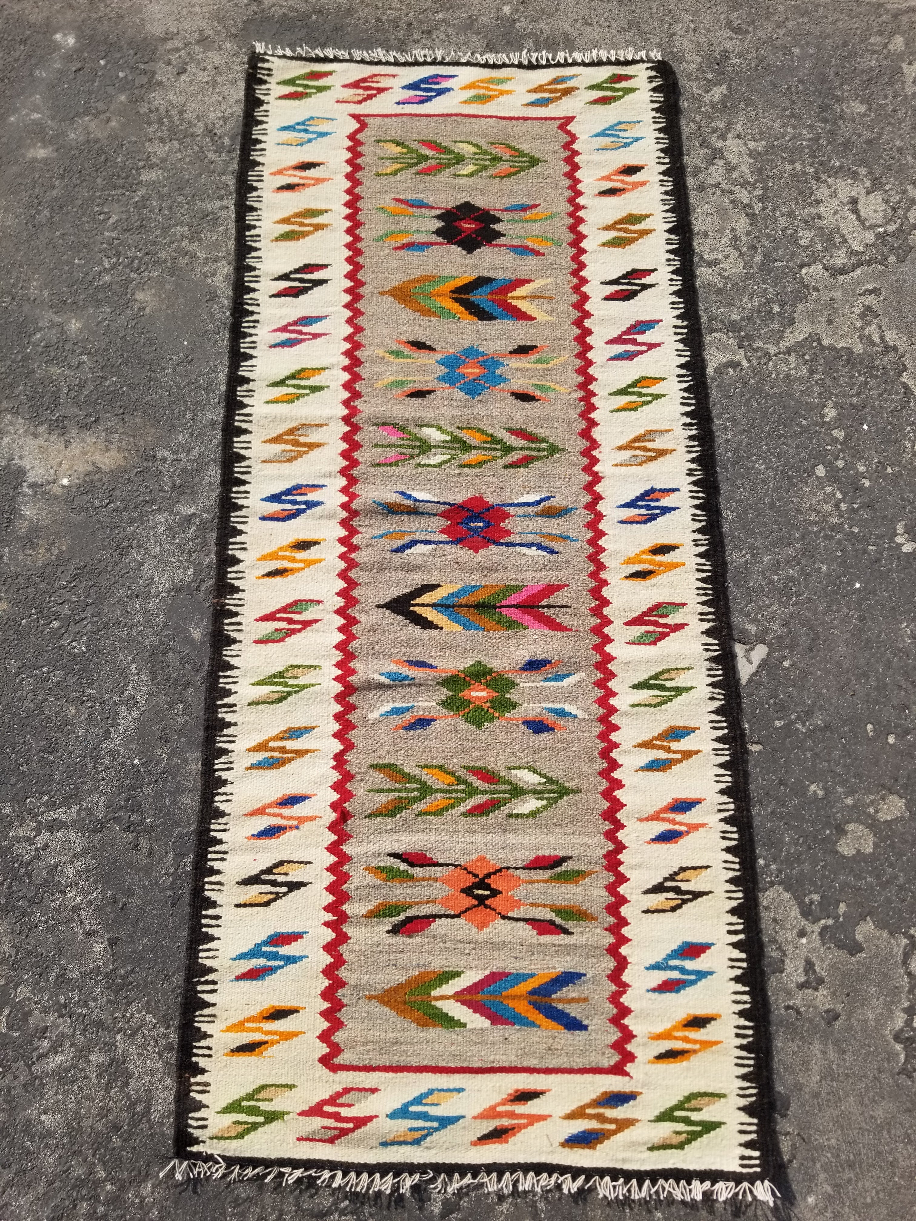 Vintage Traditional Handmade Mexican Zapotec Style Wool Multicolor Kilim 144x63c