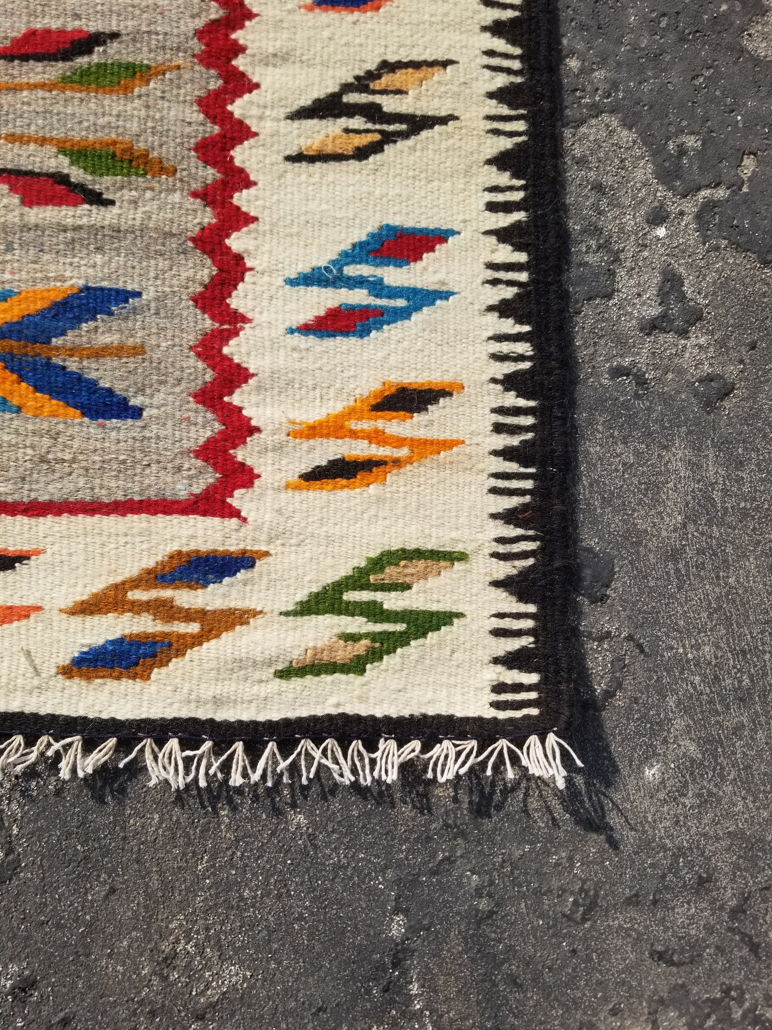 Vintage Traditional Handmade Mexican Zapotec Style Wool Multicolor Kilim 144x63c