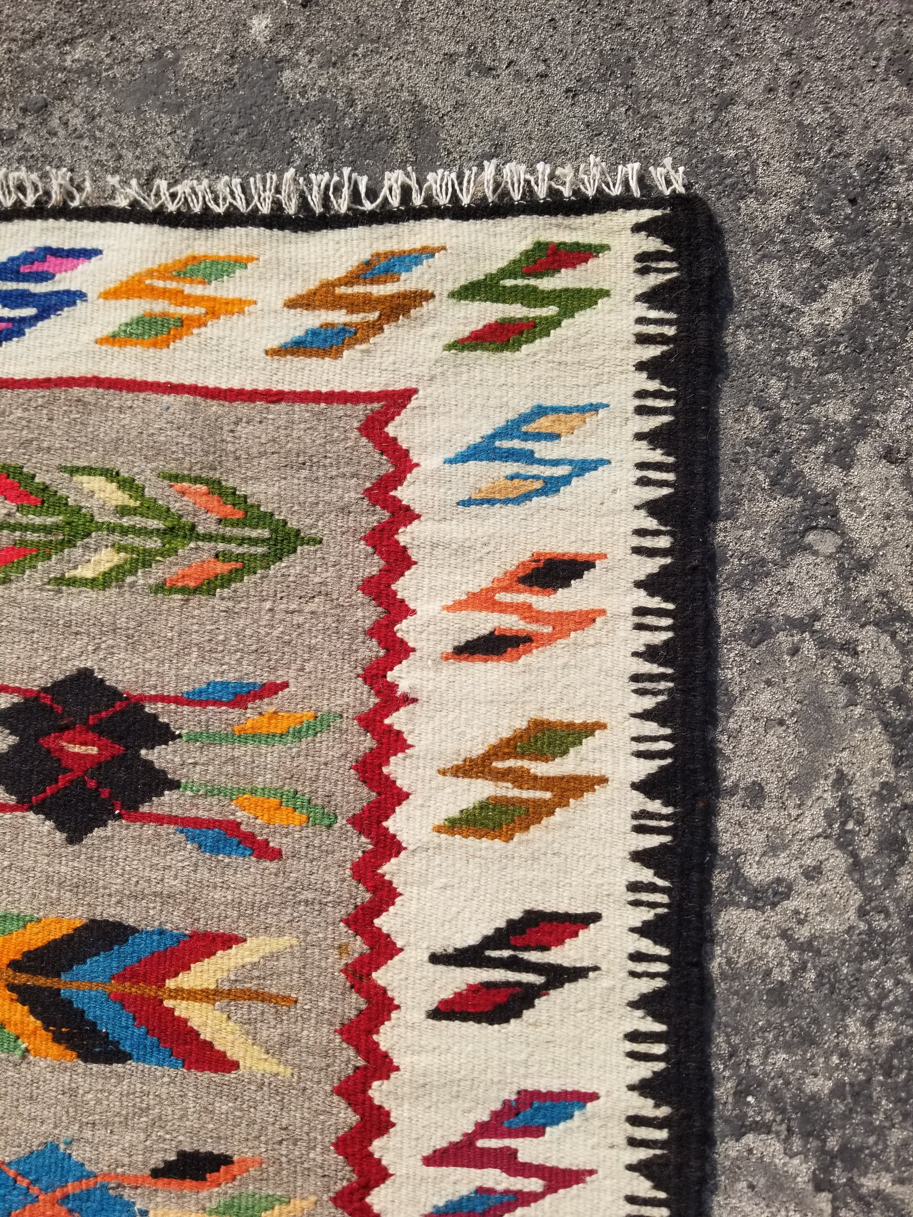 Vintage Traditional Handmade Mexican Zapotec Style Wool Multicolor Kilim 144x63c