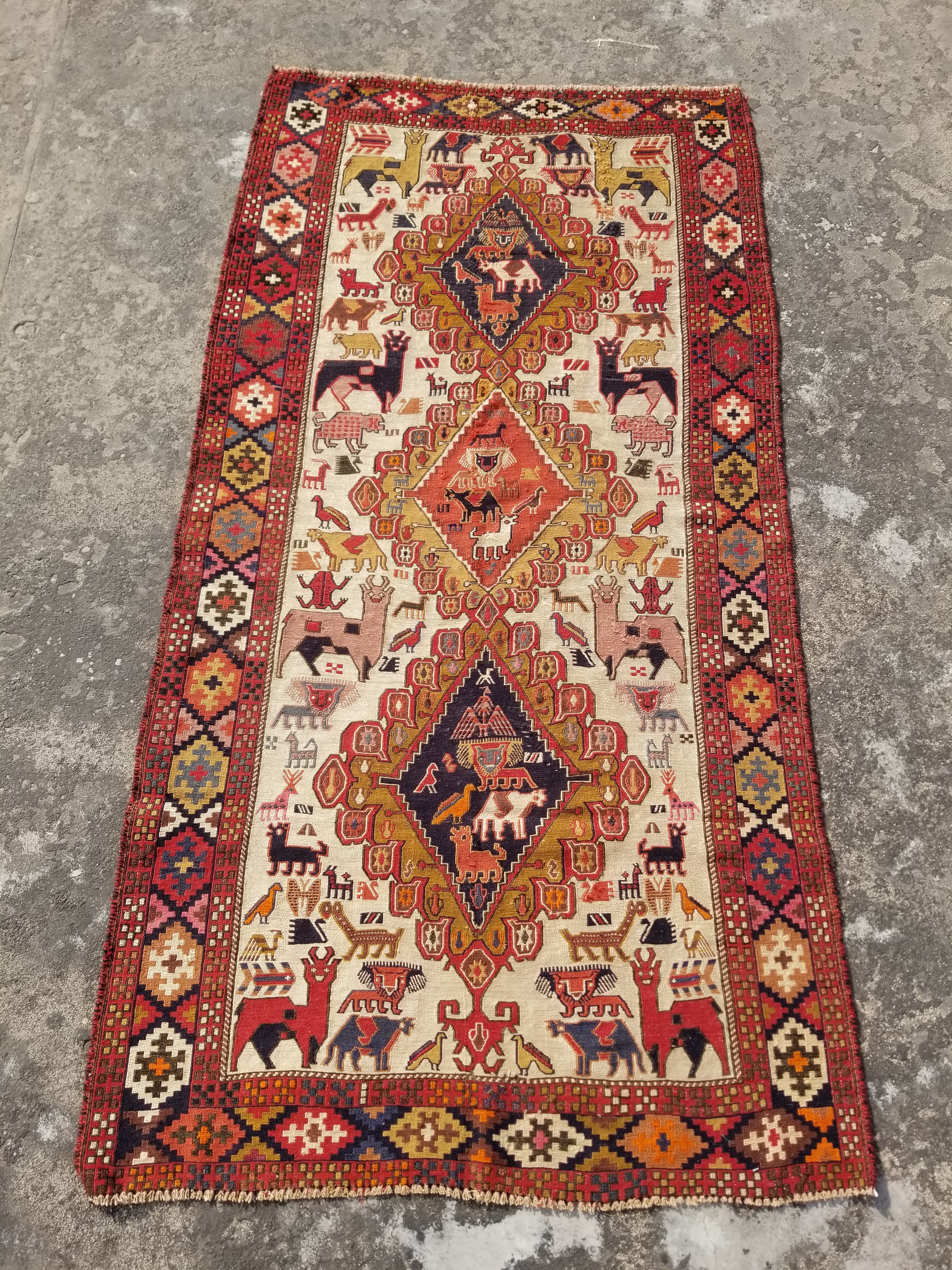 Vintage Traditional Handmade Caucasian Soumak Wool Multicolor Kilim 193x100cm