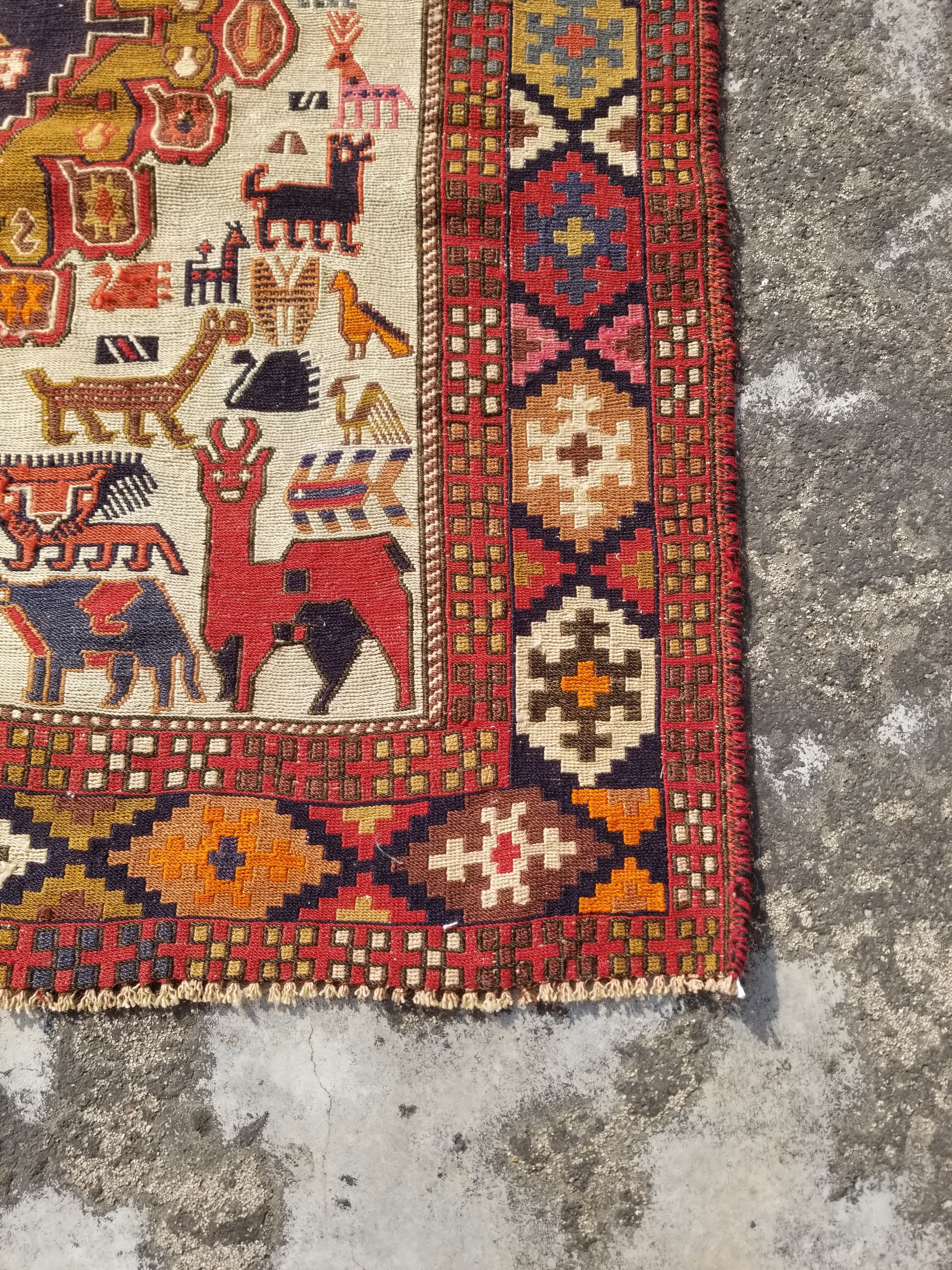 Vintage Traditional Handmade Caucasian Soumak Wool Multicolor Kilim 193x100cm