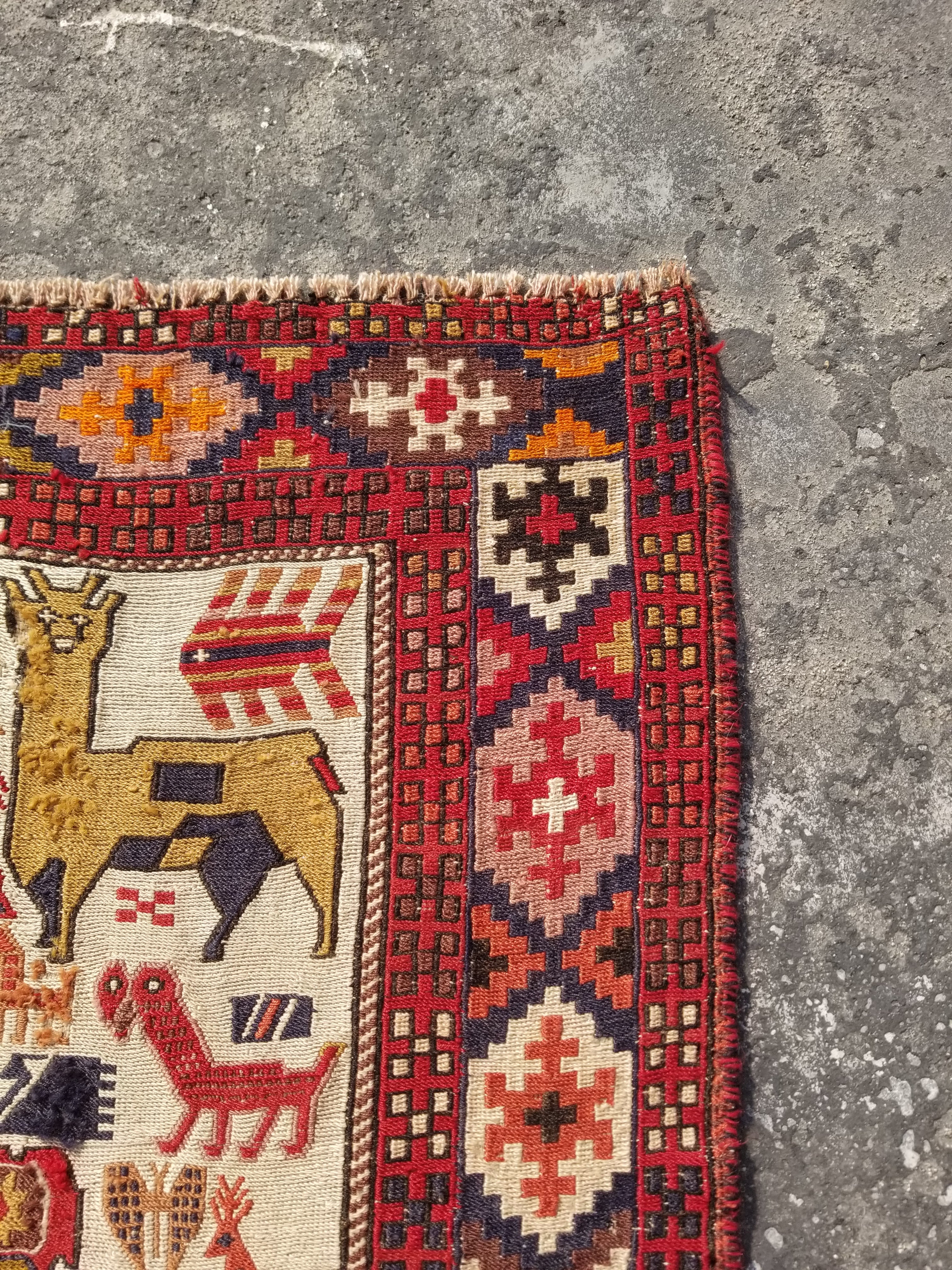 Vintage Traditional Handmade Caucasian Soumak Wool Multicolor Kilim 193x100cm