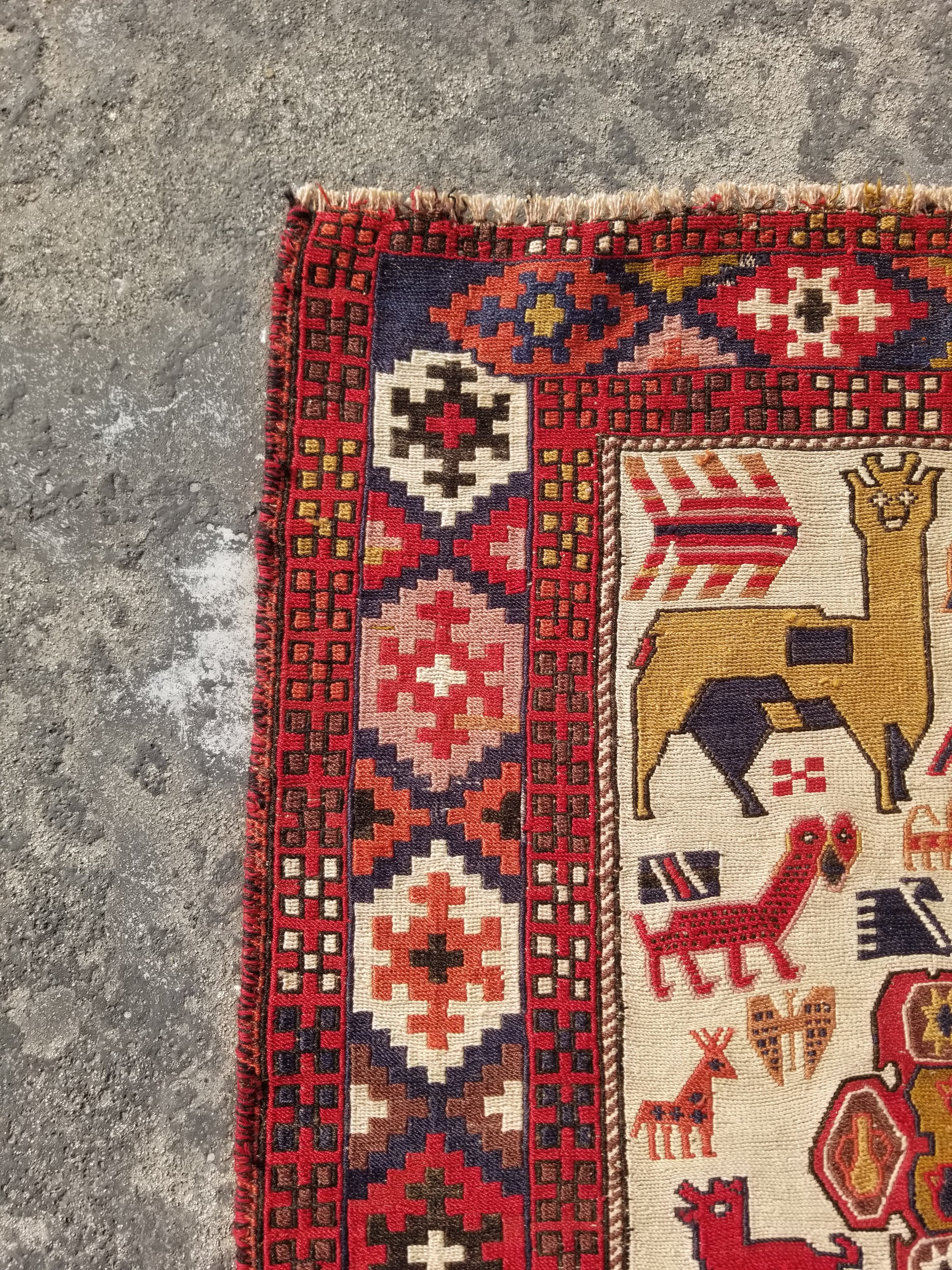 Vintage Traditional Handmade Caucasian Soumak Wool Multicolor Kilim 193x100cm