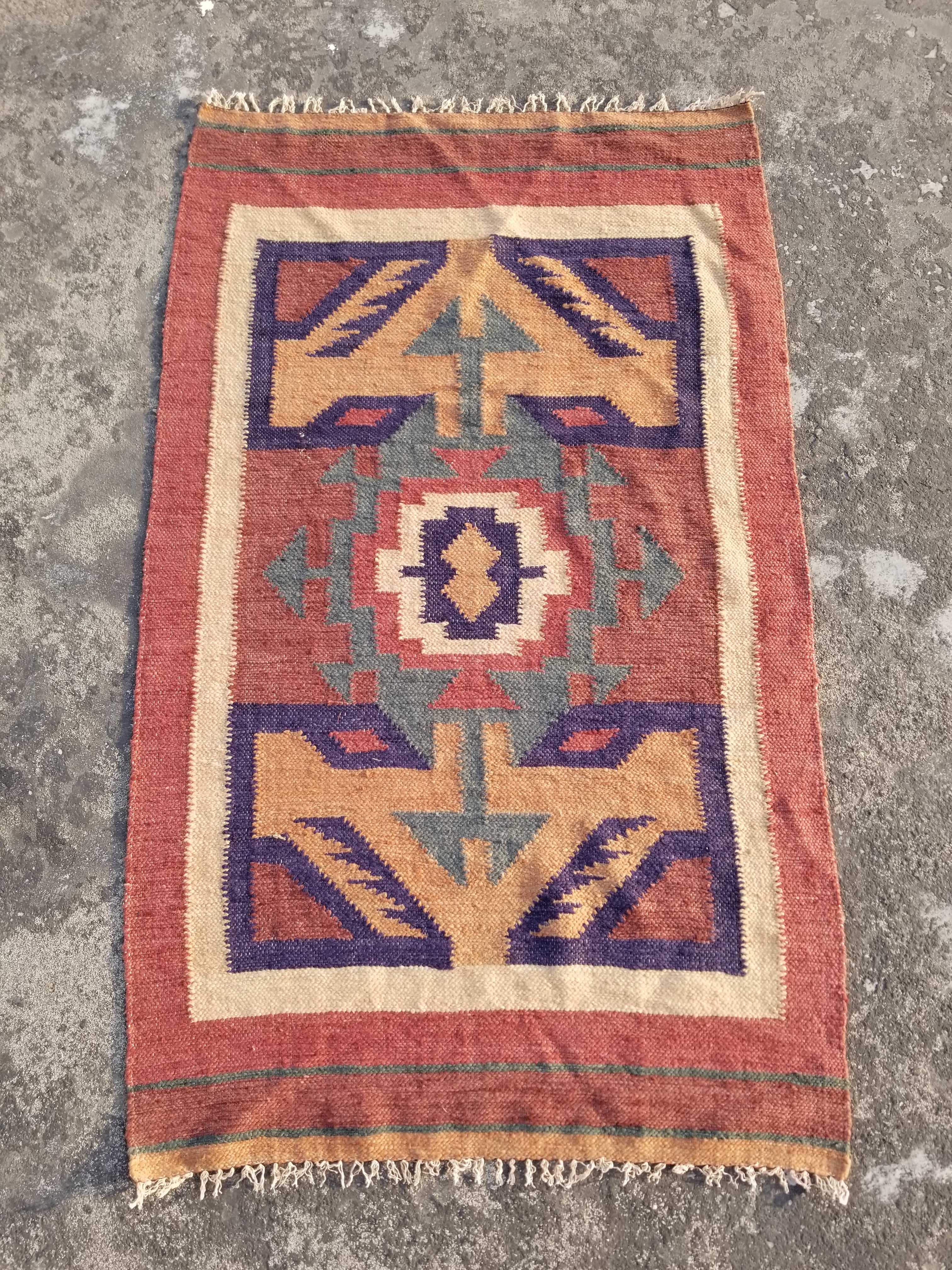 Vintage Traditional Handmade Mexican Zapotec style Wool Kilim Rug 136x84cms