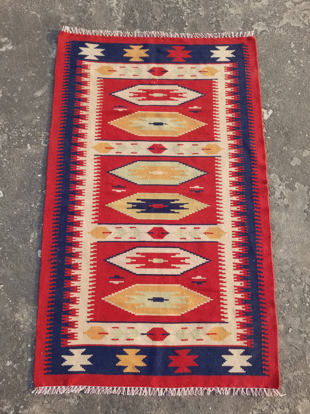 Vintage Traditional Handmade Mexican Zapotec Style Flatweave Wool Kilim 143x89cm