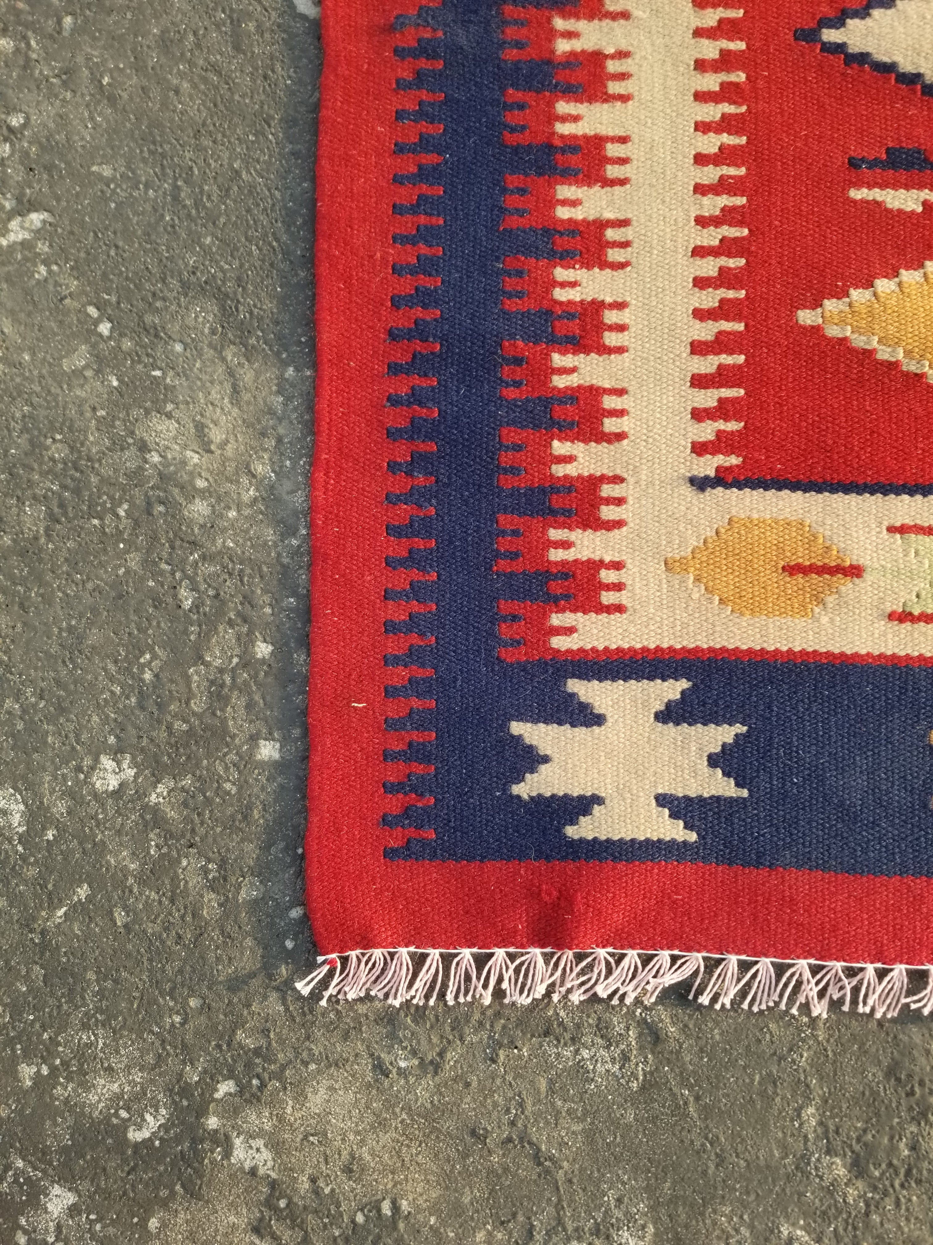 Vintage Traditional Handmade Mexican Zapotec Style Flatweave Wool Kilim 143x89cm