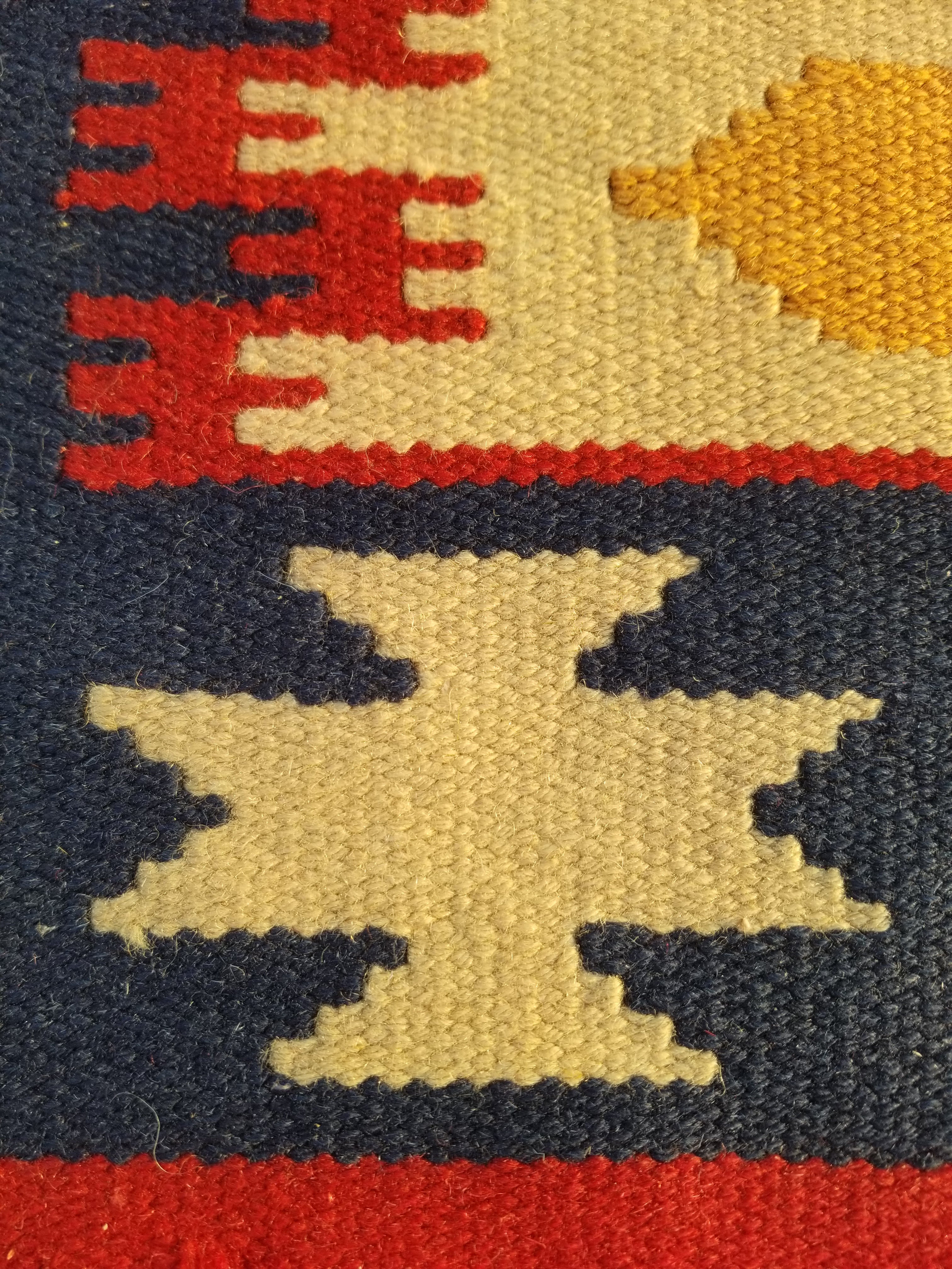 Vintage Traditional Handmade Mexican Zapotec Style Flatweave Wool Kilim 143x89cm