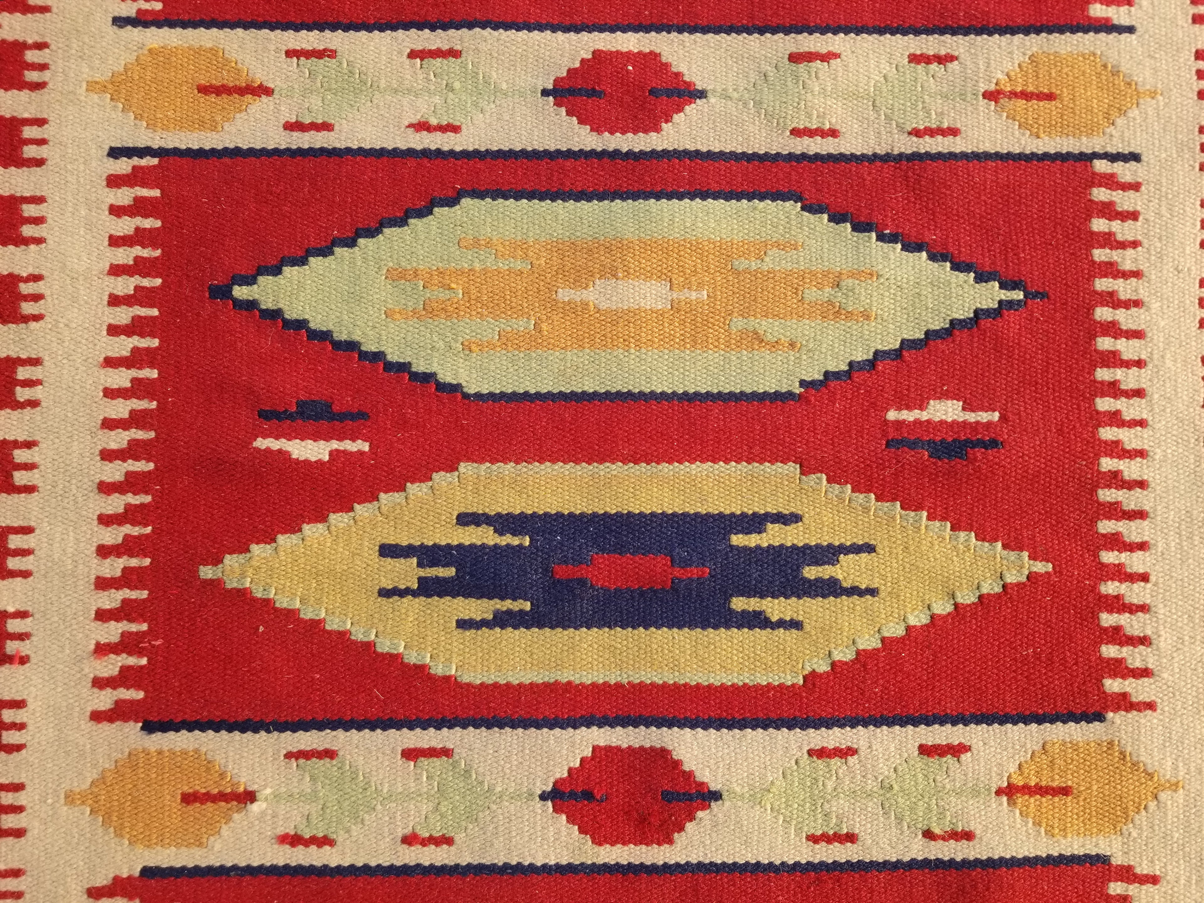 Vintage Traditional Handmade Mexican Zapotec Style Flatweave Wool Kilim 143x89cm