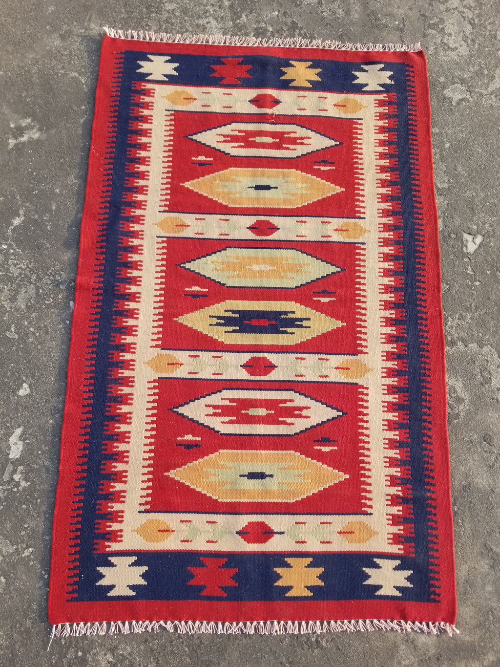 Vintage Traditional Handmade Mexican Zapotec Style Flatweave Wool Kilim 143x89cm