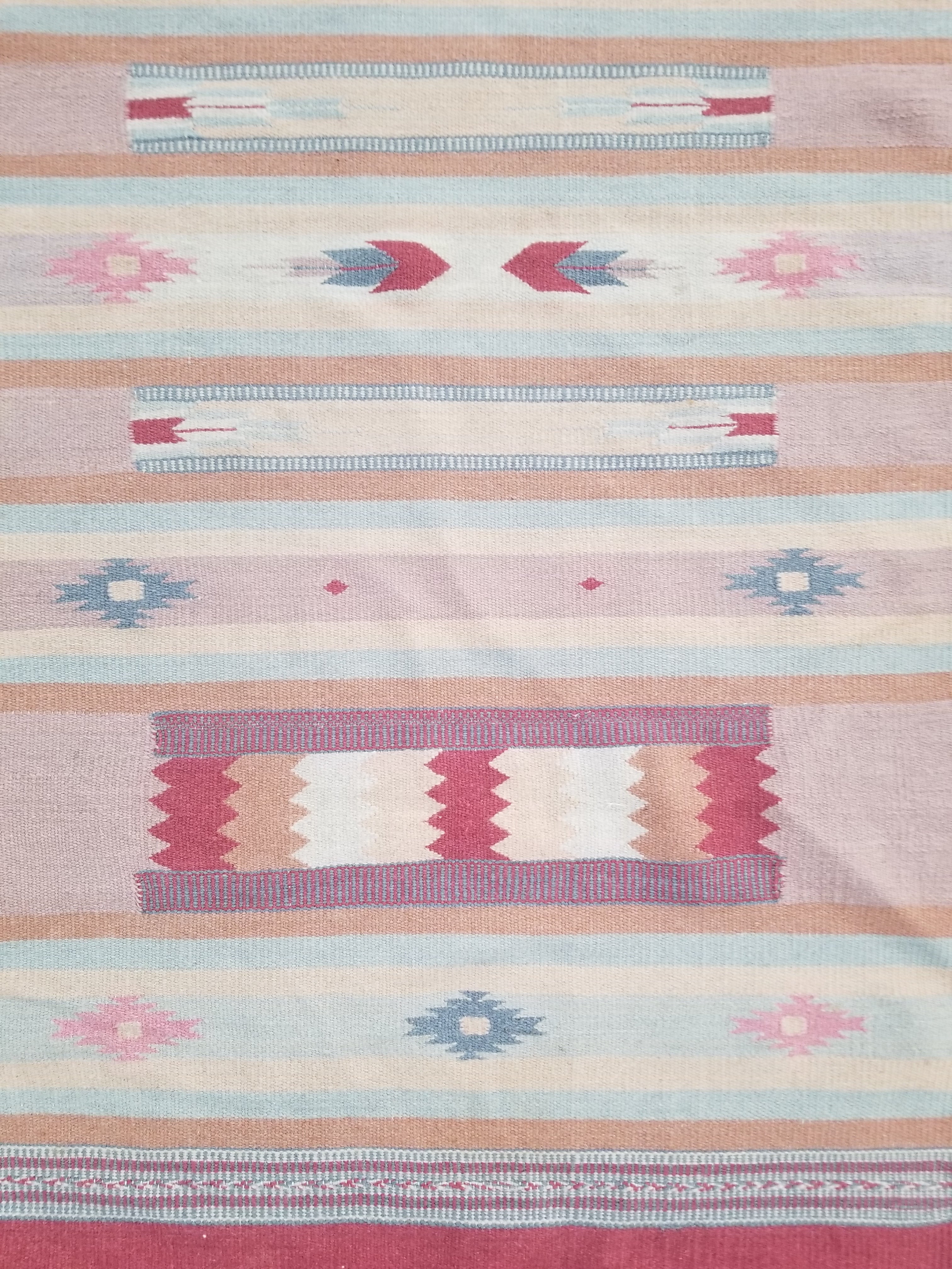Vintage Handmade Mexican Southwestern-Style Flatweave Wool Kilim Rug 137 x 67 cm
