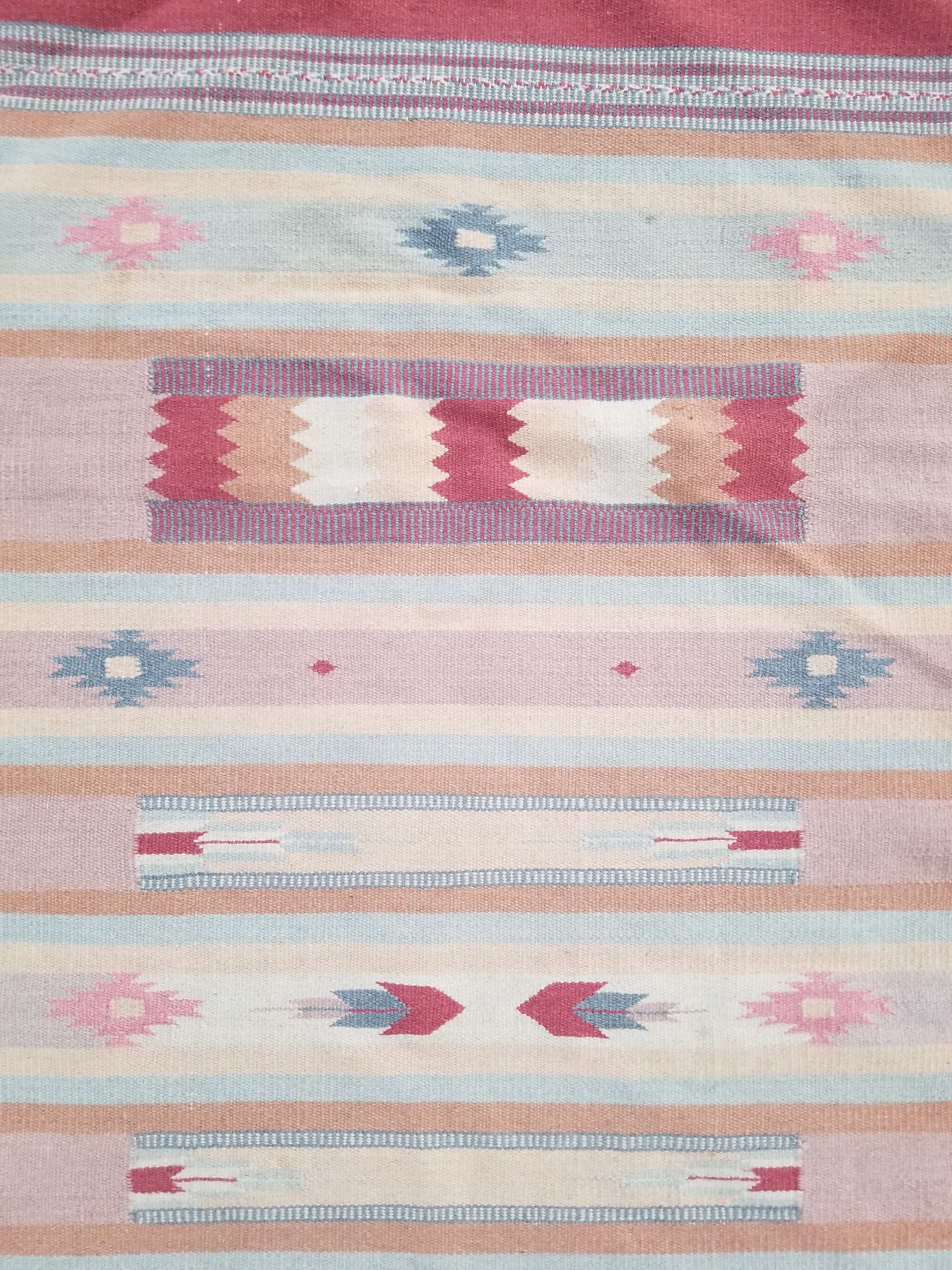 Vintage Handmade Mexican Southwestern-Style Flatweave Wool Kilim Rug 137 x 67 cm