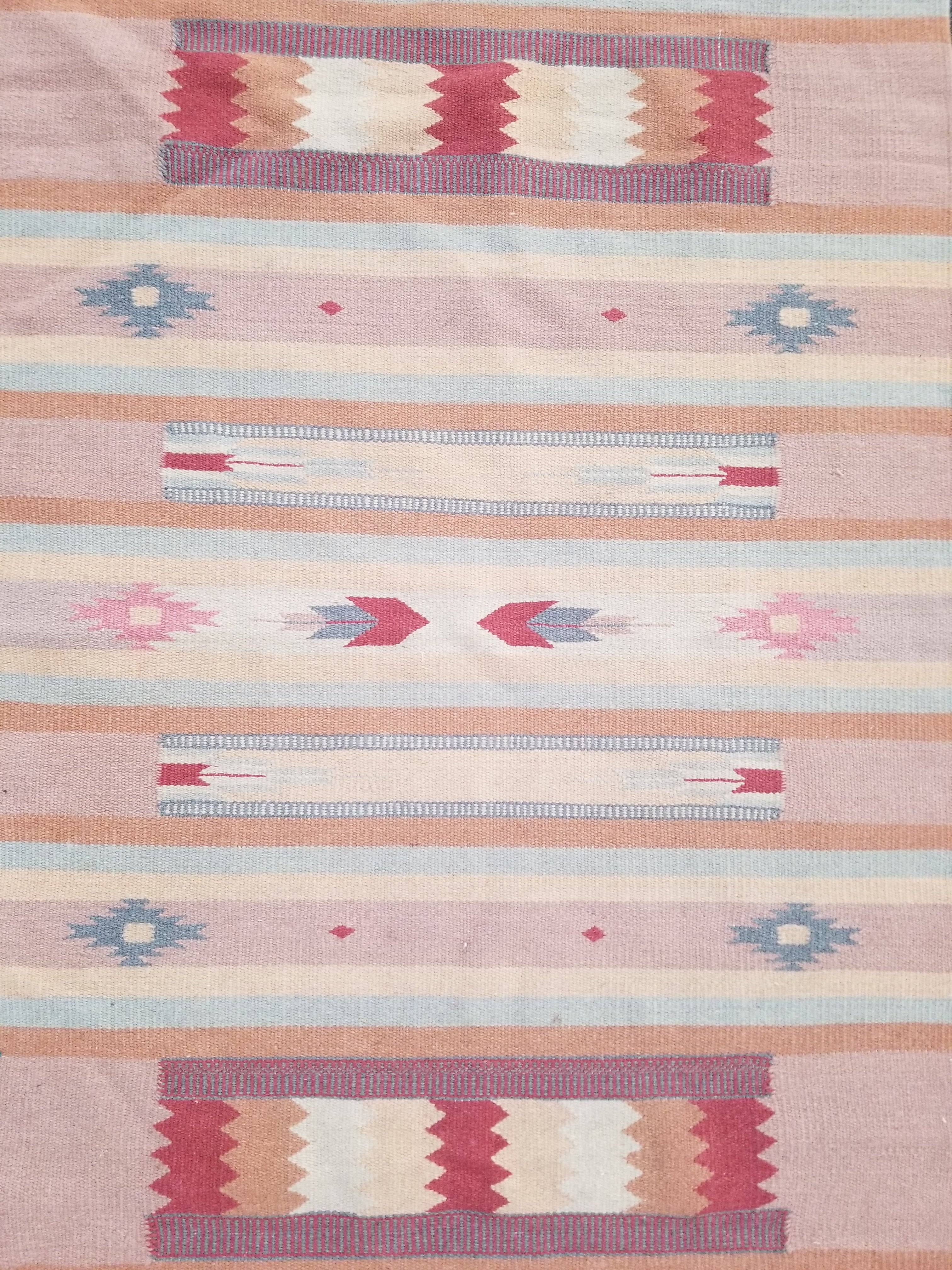 Vintage Handmade Mexican Southwestern-Style Flatweave Wool Kilim Rug 137 x 67 cm