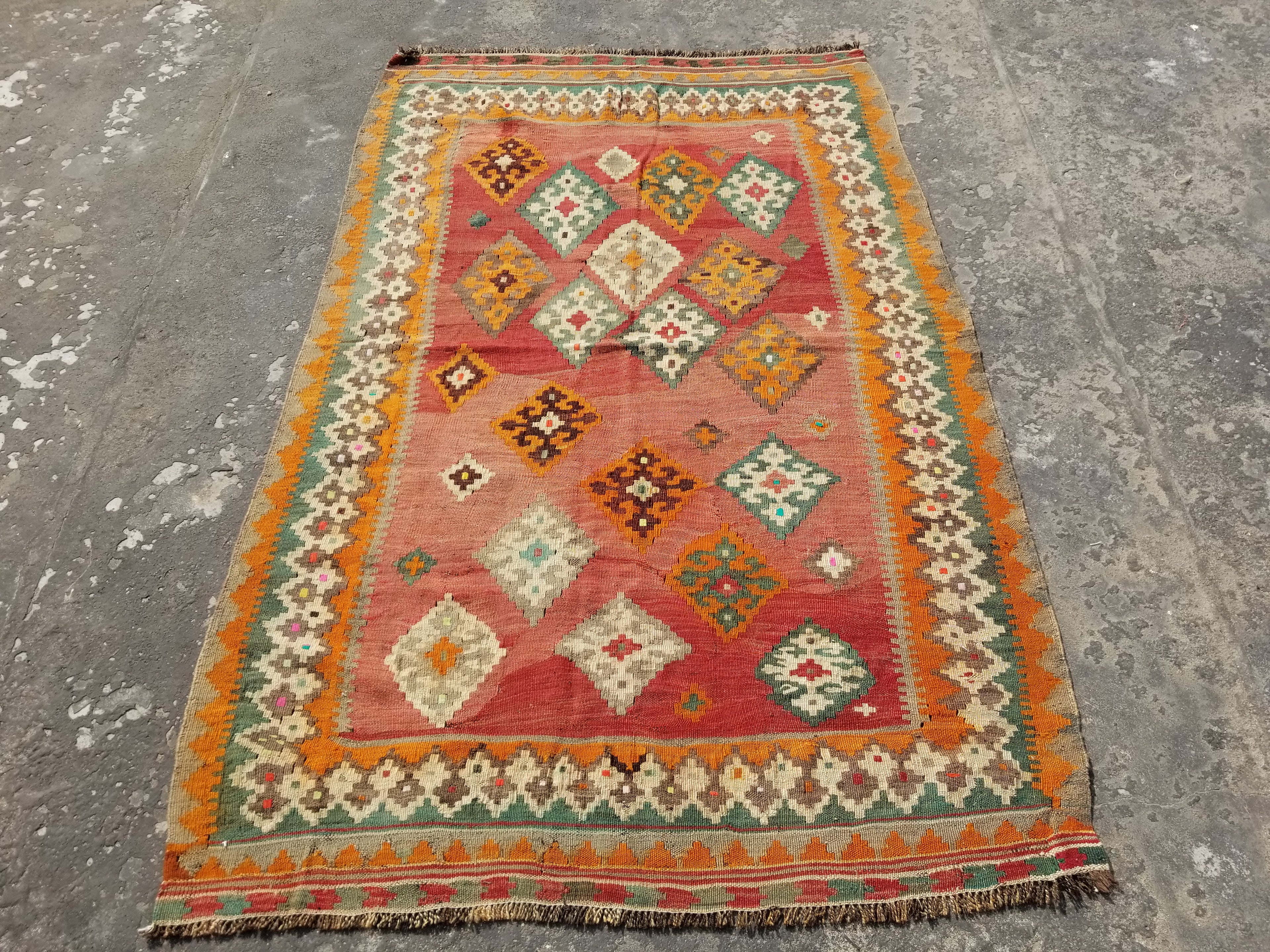 Antique Traditional Handmade Sherazi Flatweave Wool Kilim Rug 214x137cms
