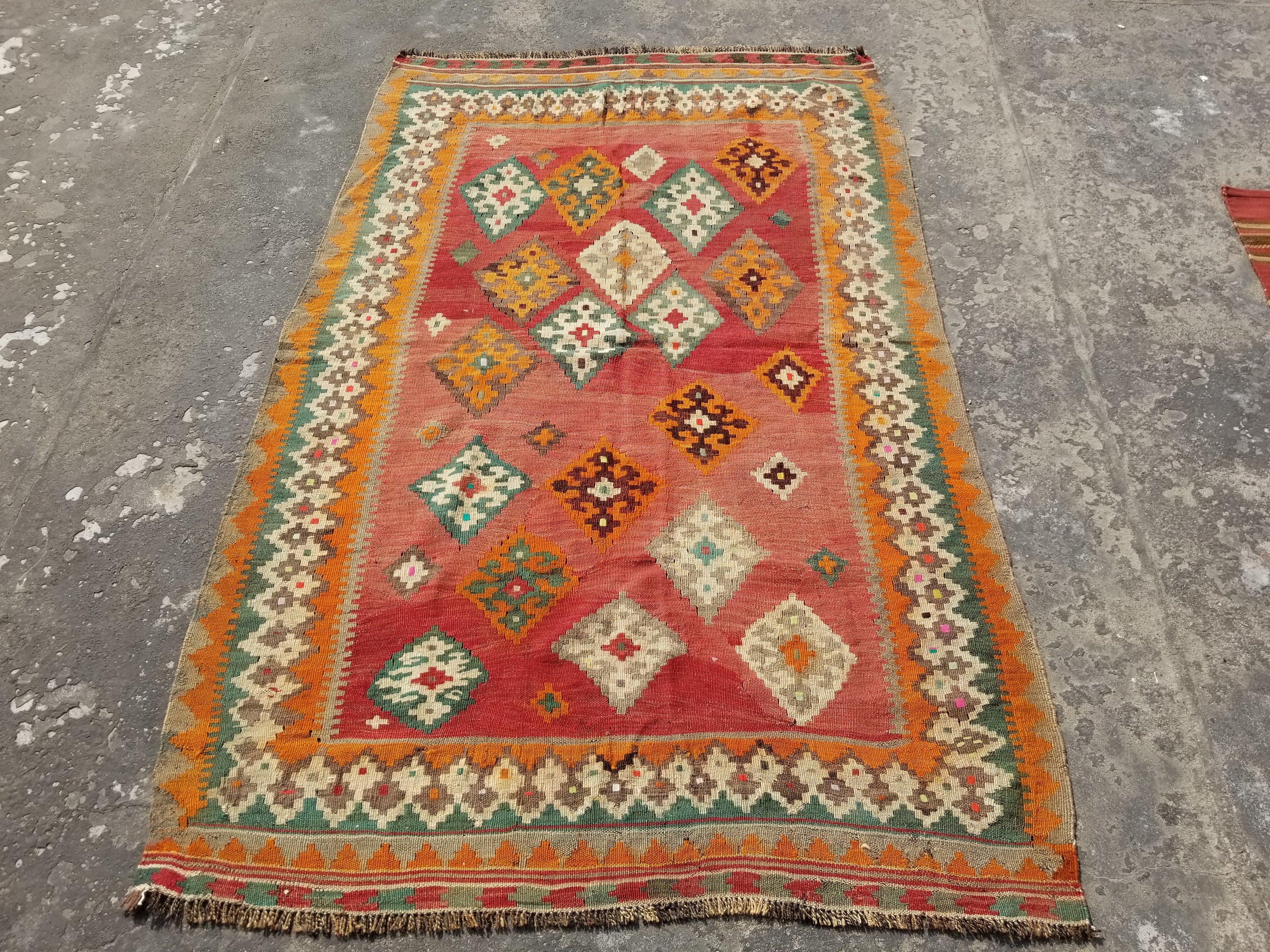Antique Traditional Handmade Sherazi Flatweave Wool Kilim Rug 214x137cms
