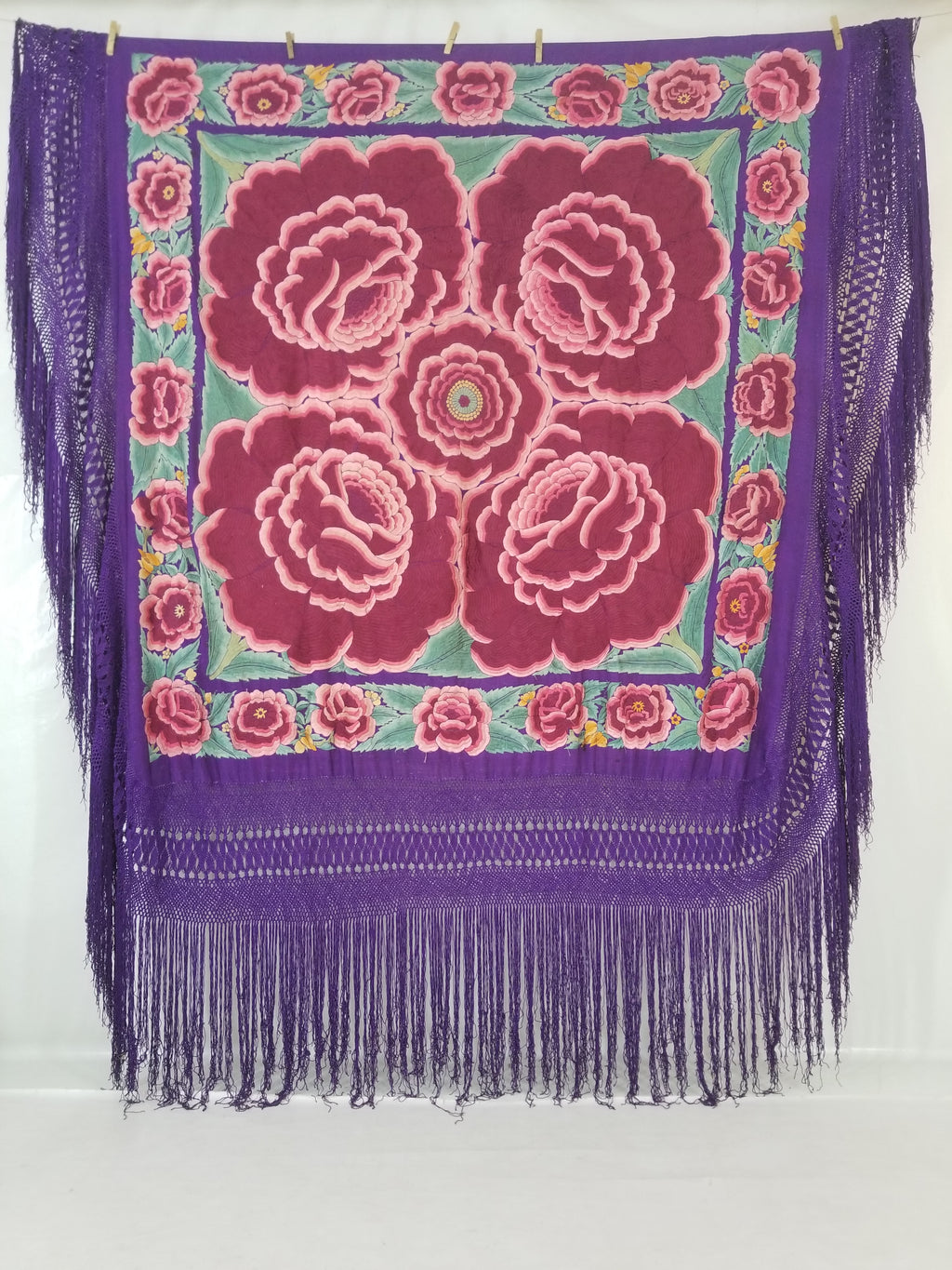 Antique Exceptional Chinese Hand Embroidered Floral Fringed Piano Shawl 158x158cm