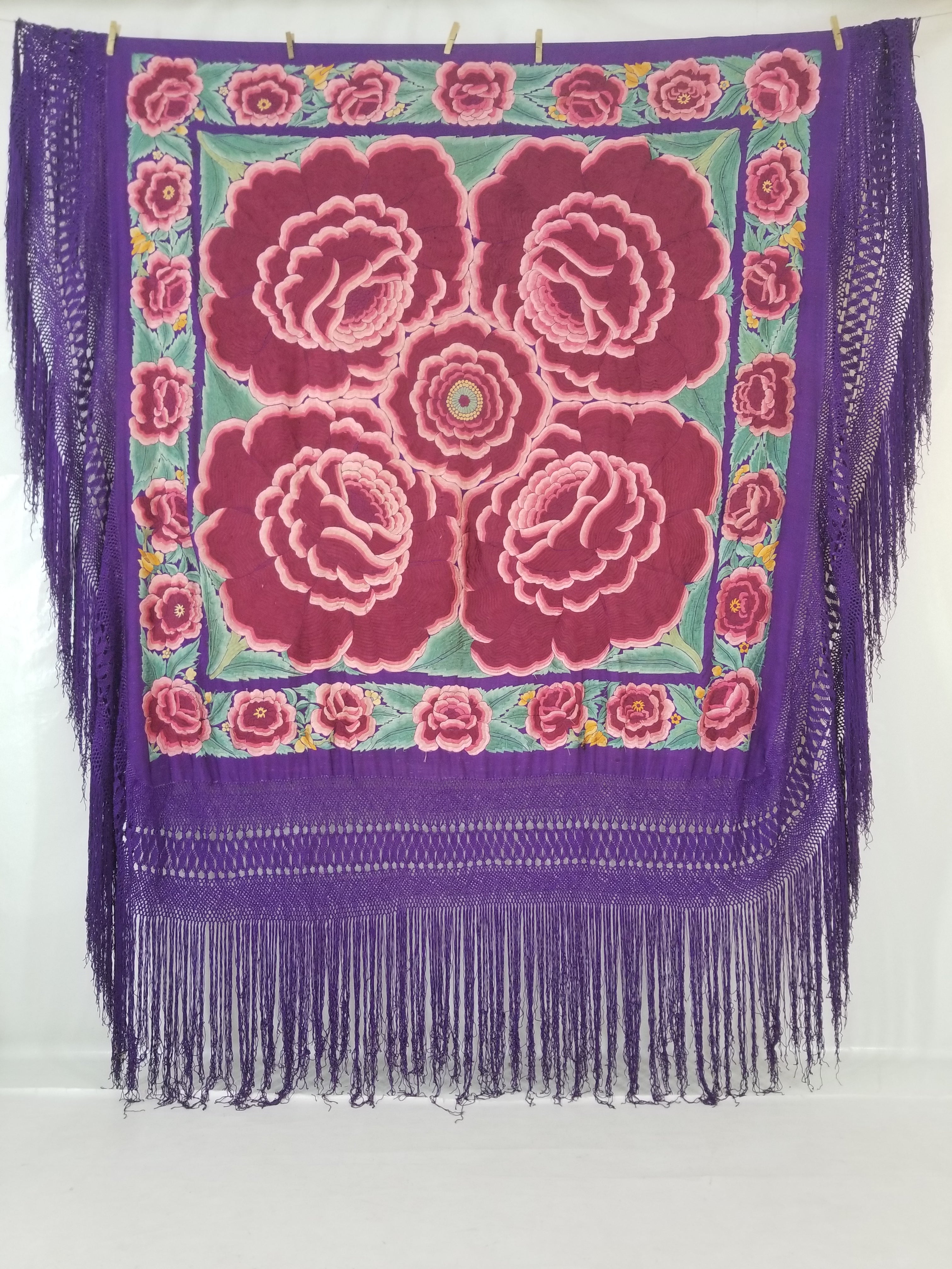 Antique Exceptional Chinese Hand Embroidered Floral Fringed Piano Shawl 158x158cm