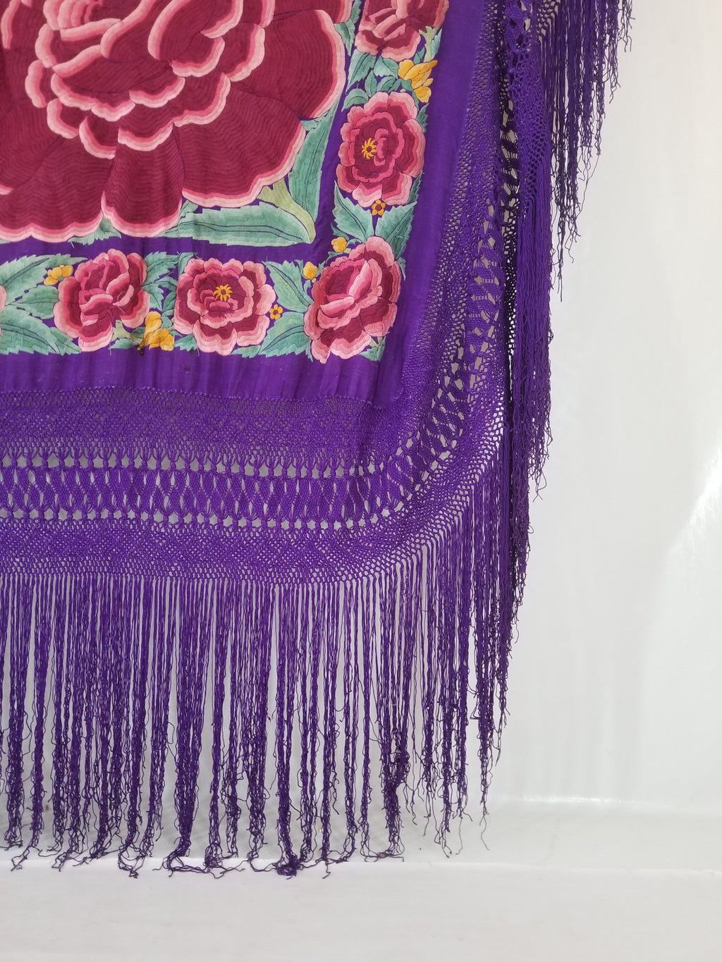 Antique Exceptional Chinese Hand Embroidered Floral Fringed Piano Shawl 158x158cm