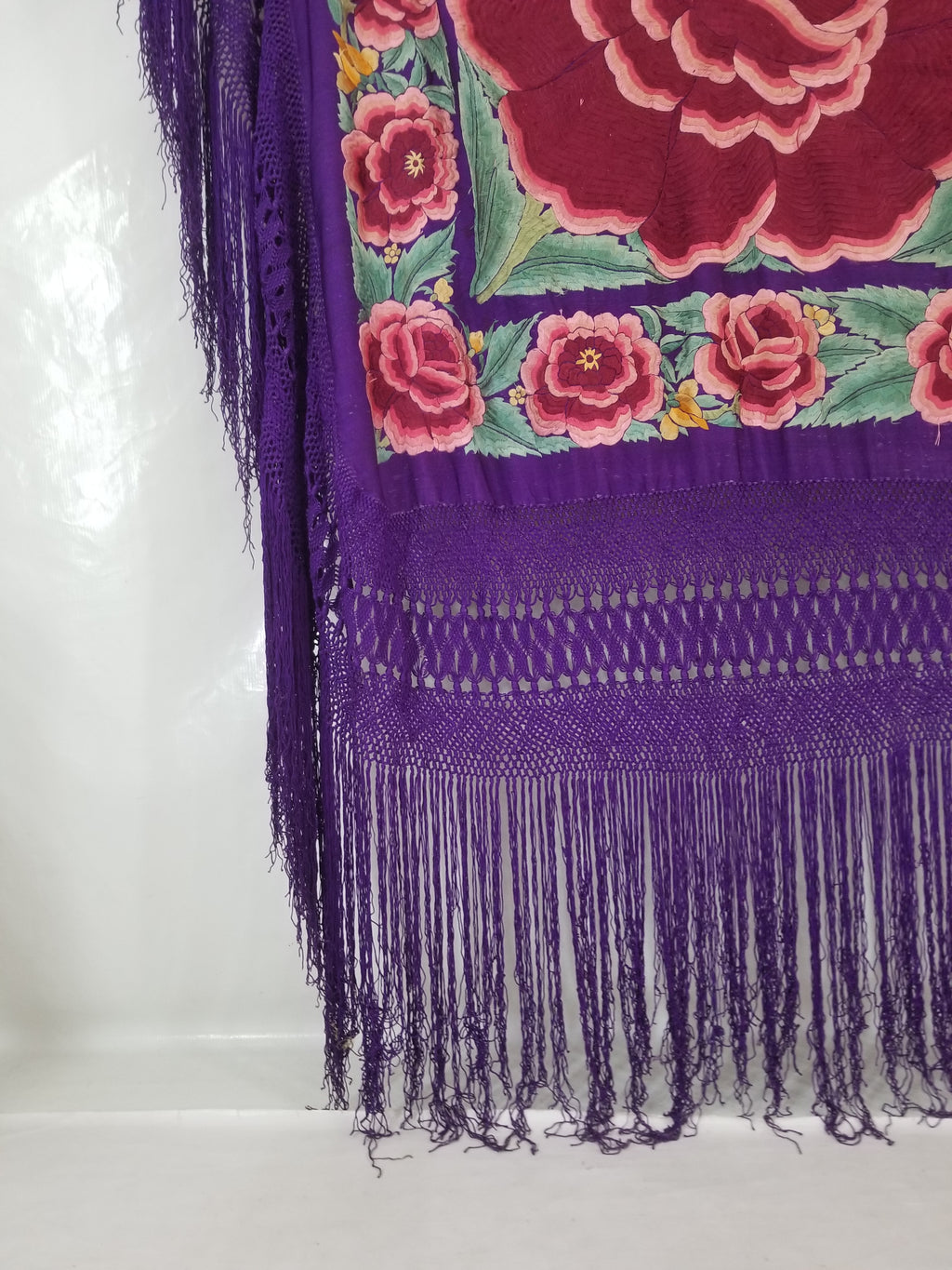 Antique Exceptional Chinese Hand Embroidered Floral Fringed Piano Shawl 158x158cm