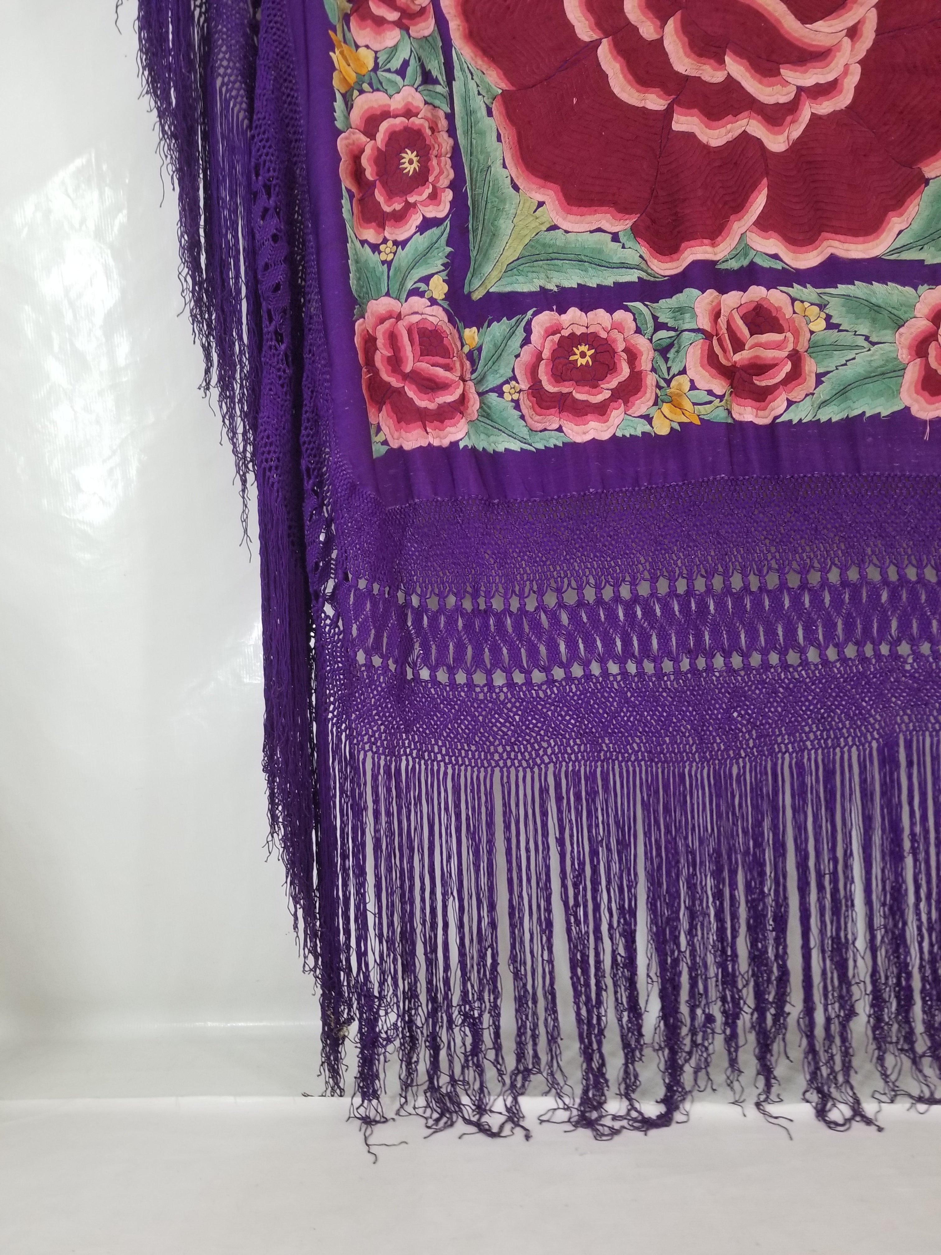Antique Exceptional Chinese Hand Embroidered Floral Fringed Piano Shawl 158x158cm