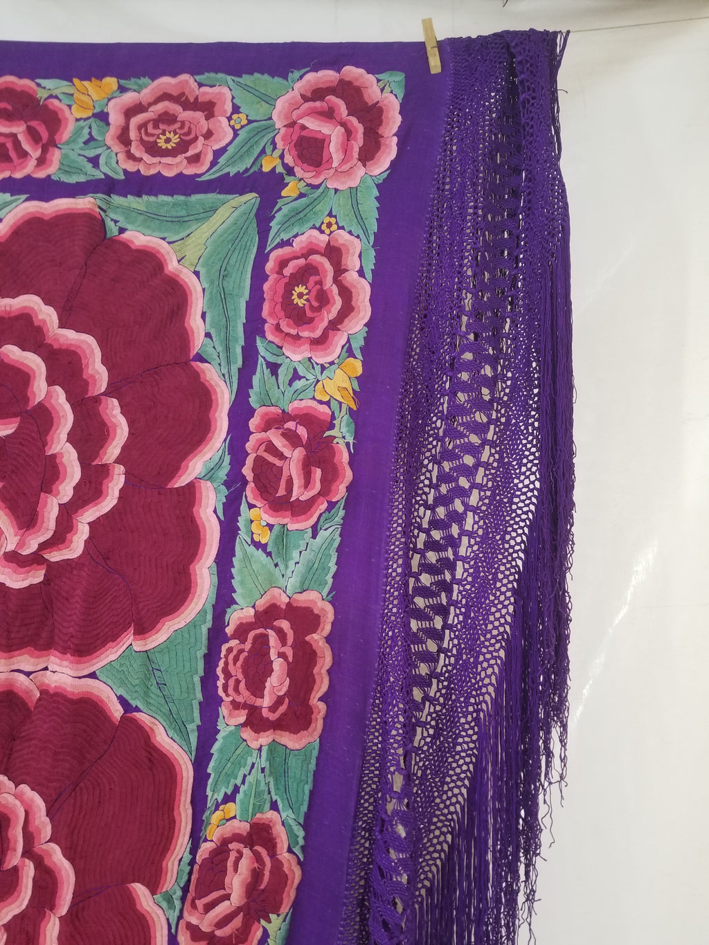 Antique Exceptional Chinese Hand Embroidered Floral Fringed Piano Shawl 158x158cm