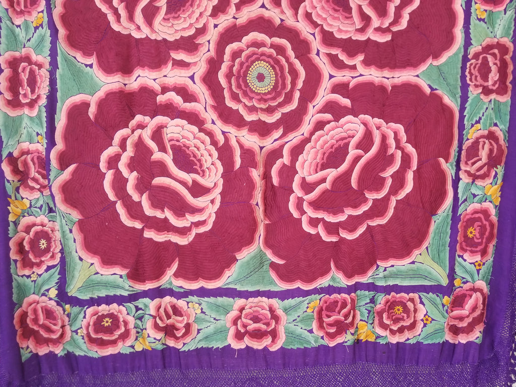 Antique Exceptional Chinese Hand Embroidered Floral Fringed Piano Shawl 158x158cm