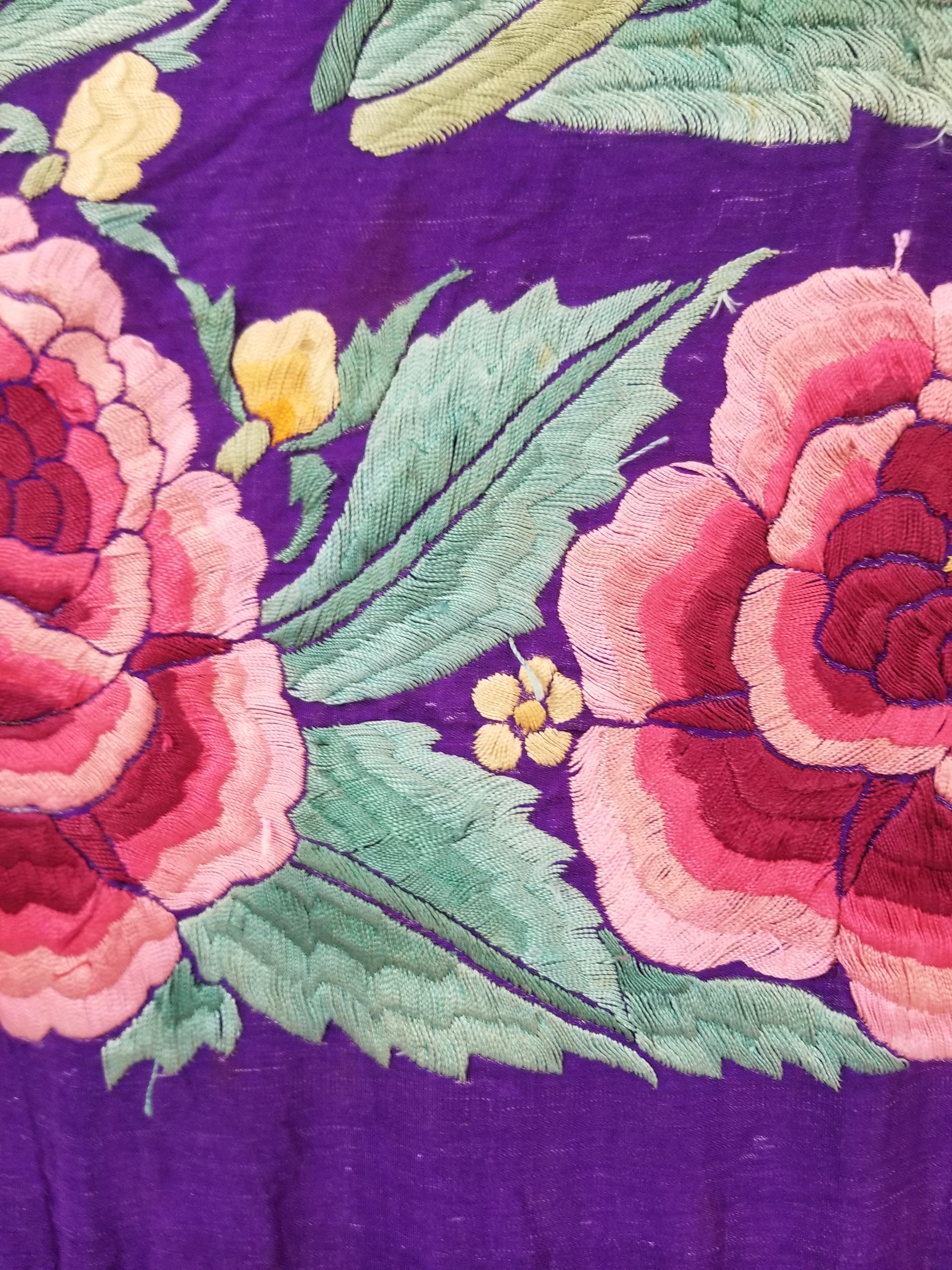 Antique Exceptional Chinese Hand Embroidered Floral Fringed Piano Shawl 158x158cm